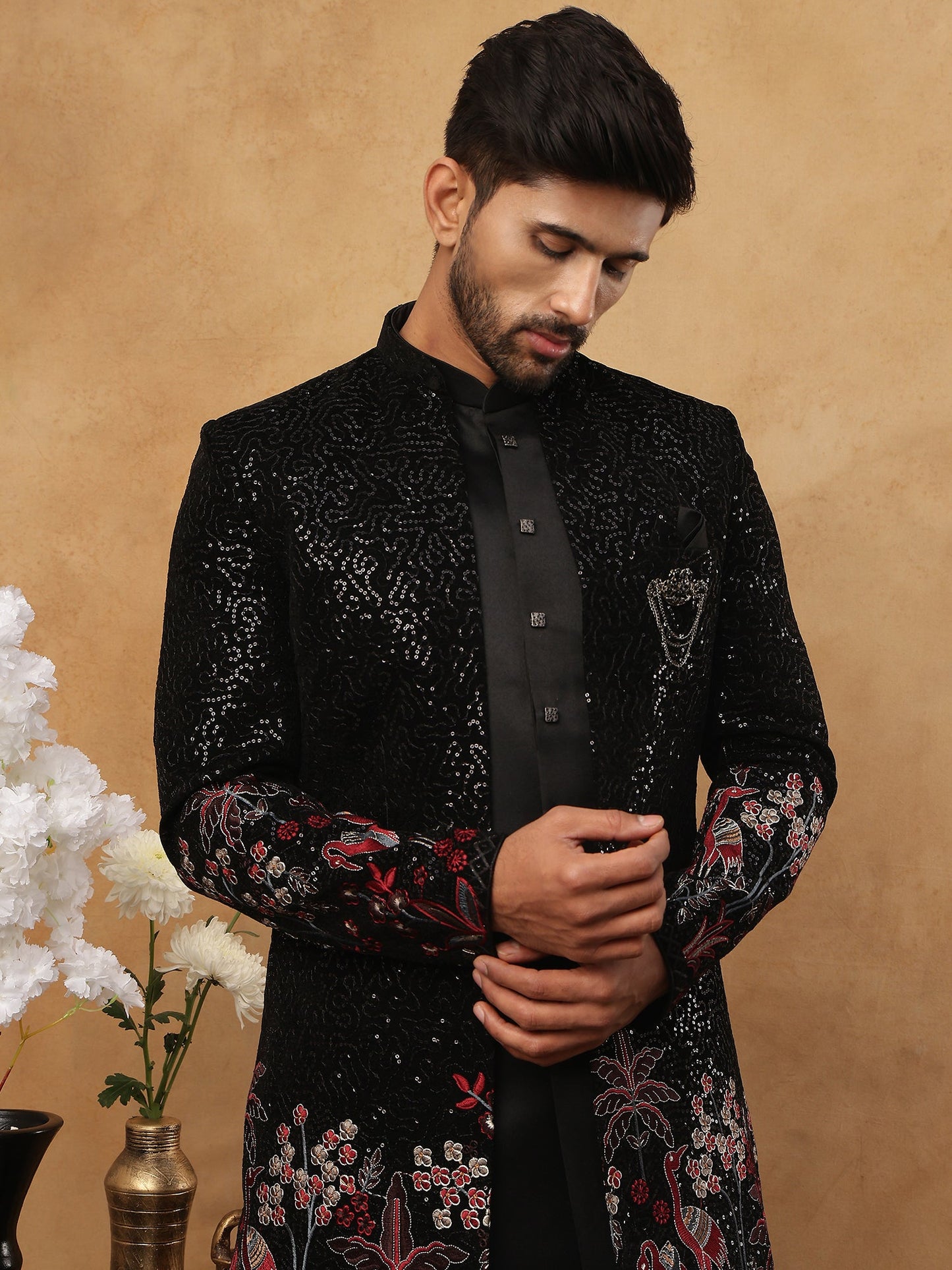 Men's Black Velvet Indo-Western Set ( 50JIND 118 Black )