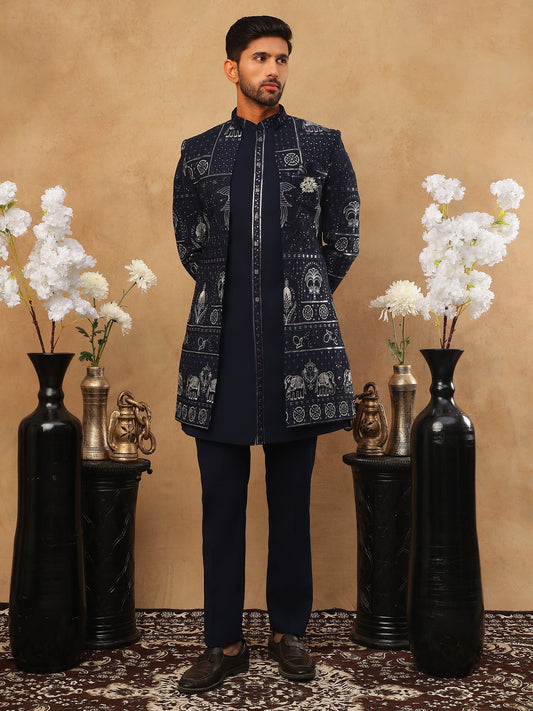 Men's Navy Blue Geometric Embroidered Indo-Western Set ( 50JIND 119 Navy )