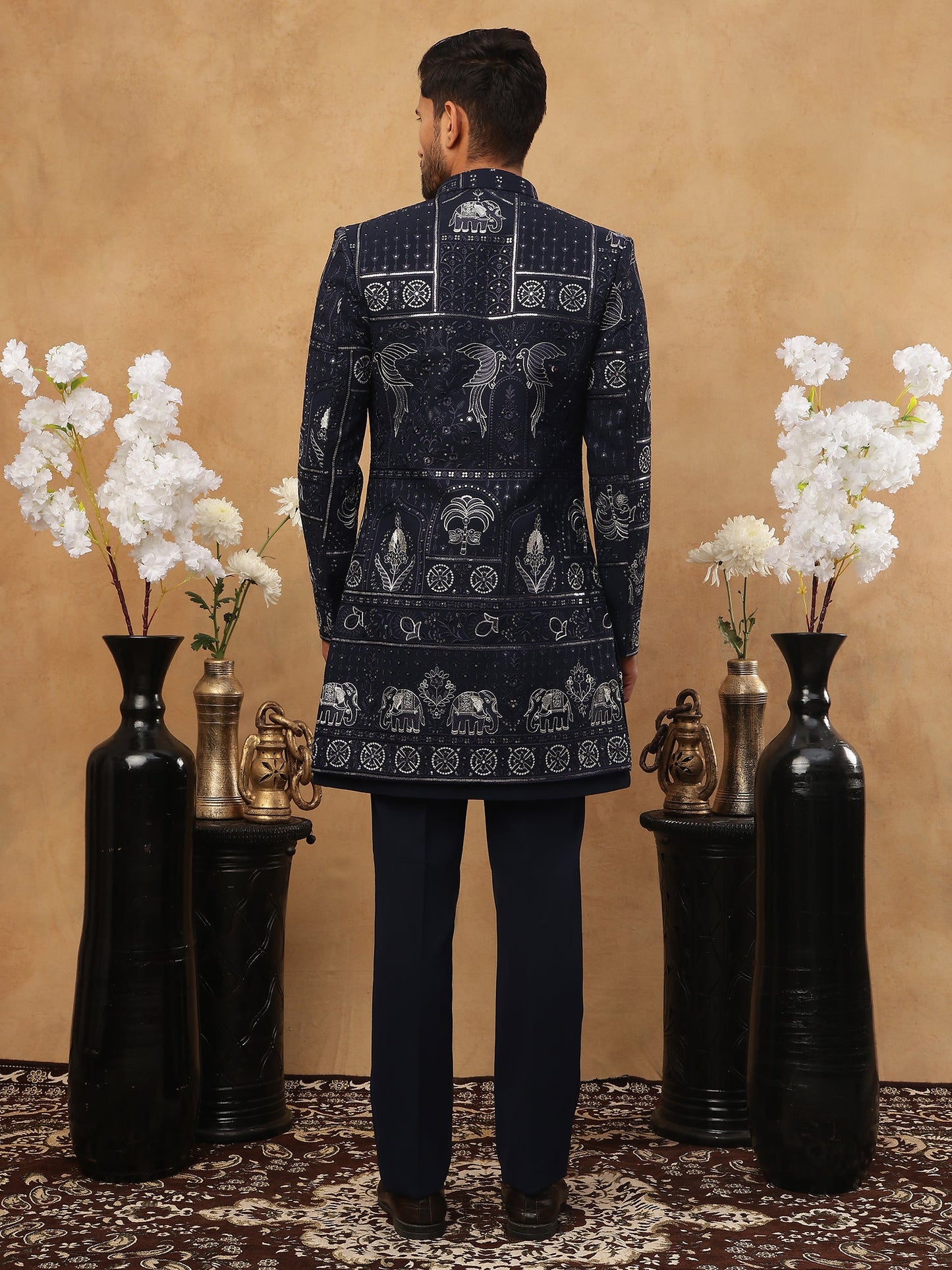 Men's Navy Blue Geometric Embroidered Indo-Western Set ( 50JIND 119 Navy )