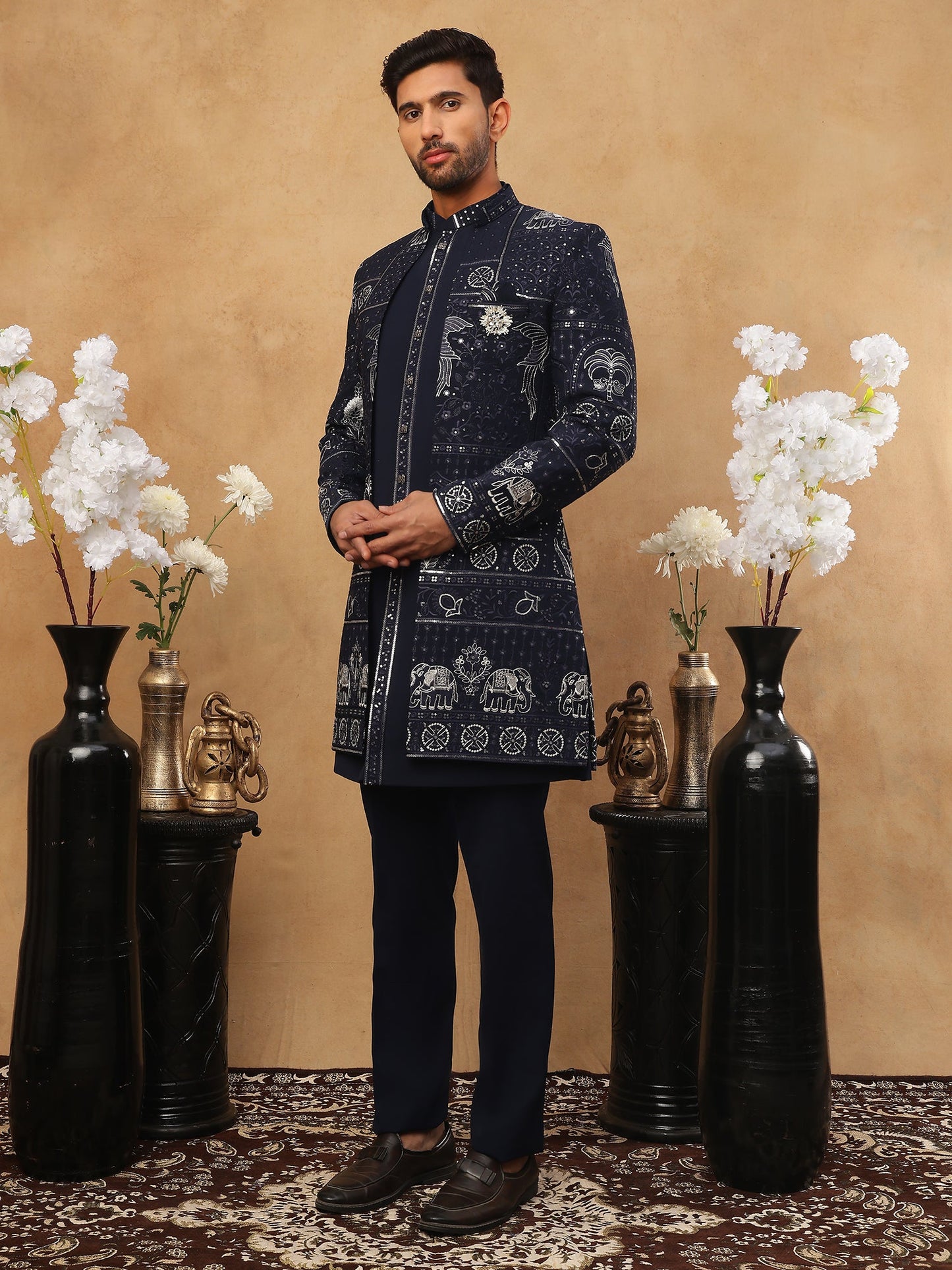 Men's Navy Blue Geometric Embroidered Indo-Western Set ( 50JIND 119 Navy )
