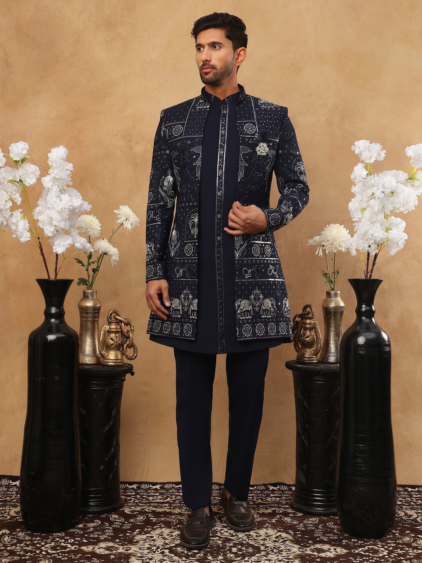 Men's Navy Blue Geometric Embroidered Indo-Western Set ( 50JIND 119 Navy )