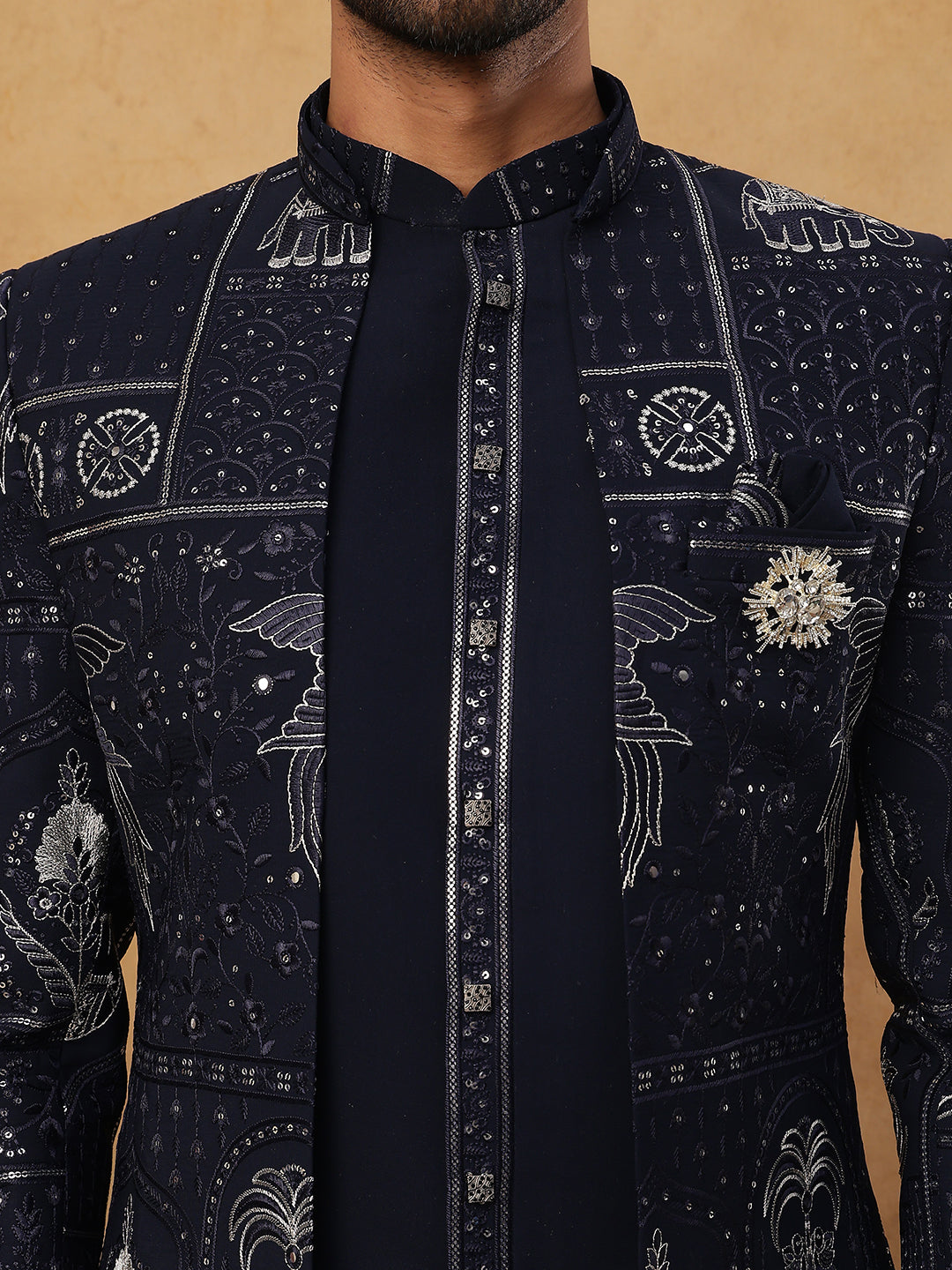 Men's Navy Blue Geometric Embroidered Indo-Western Set ( 50JIND 119 Navy )
