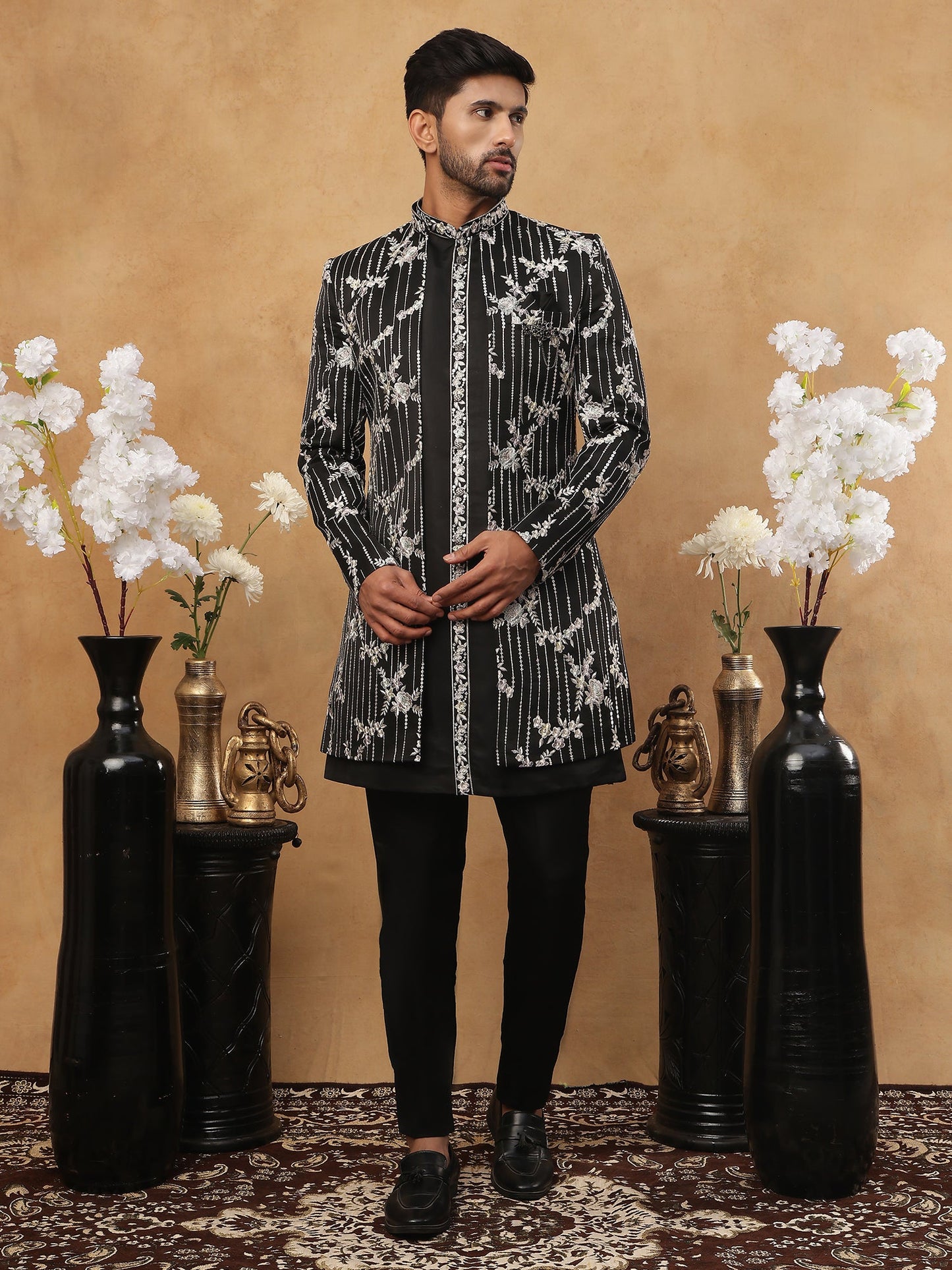 Men's Black Sequined Indo-Western Set ( 50JIND 120 Black )