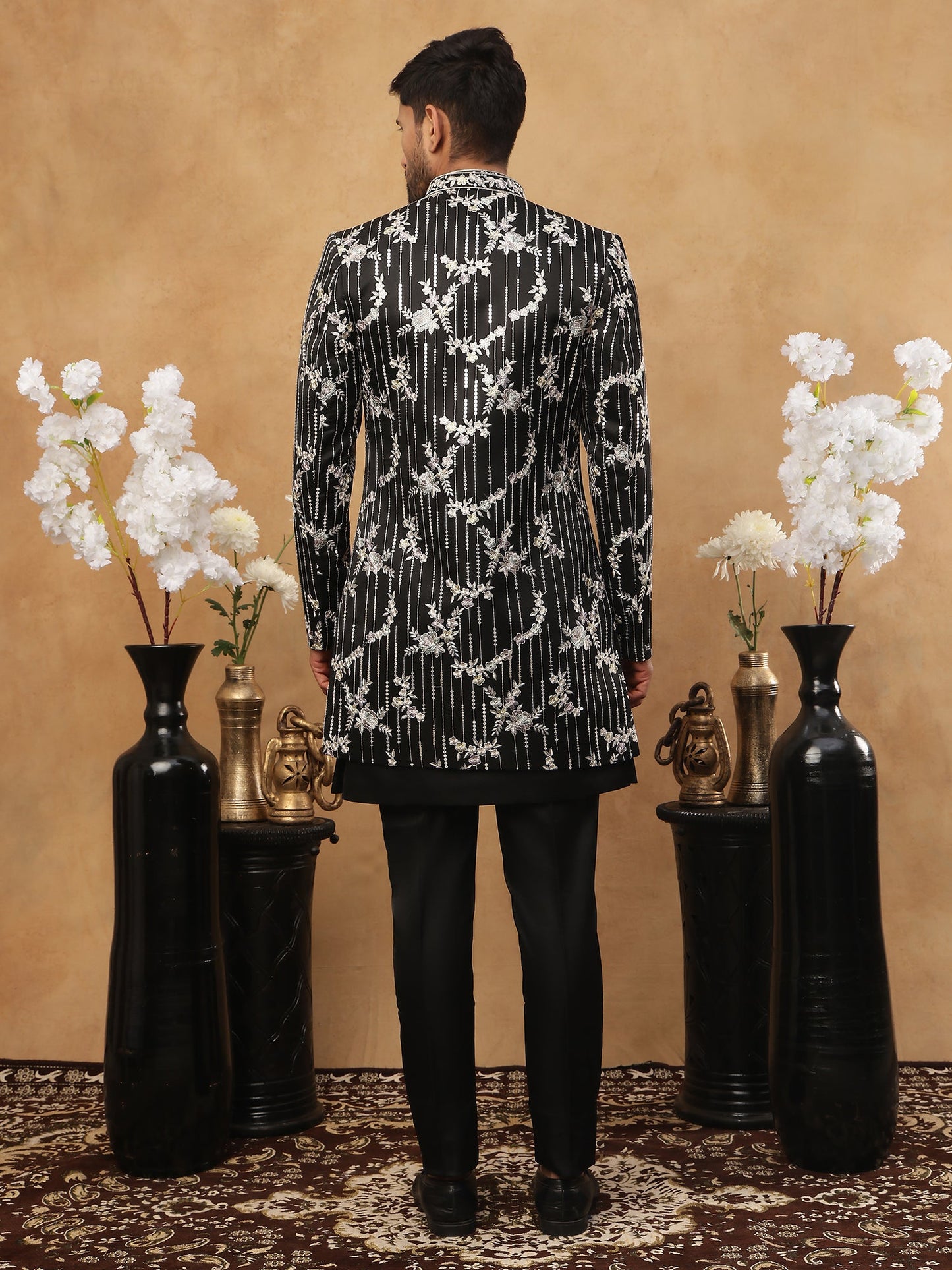 Men's Black Sequined Indo-Western Set ( 50JIND 120 Black )