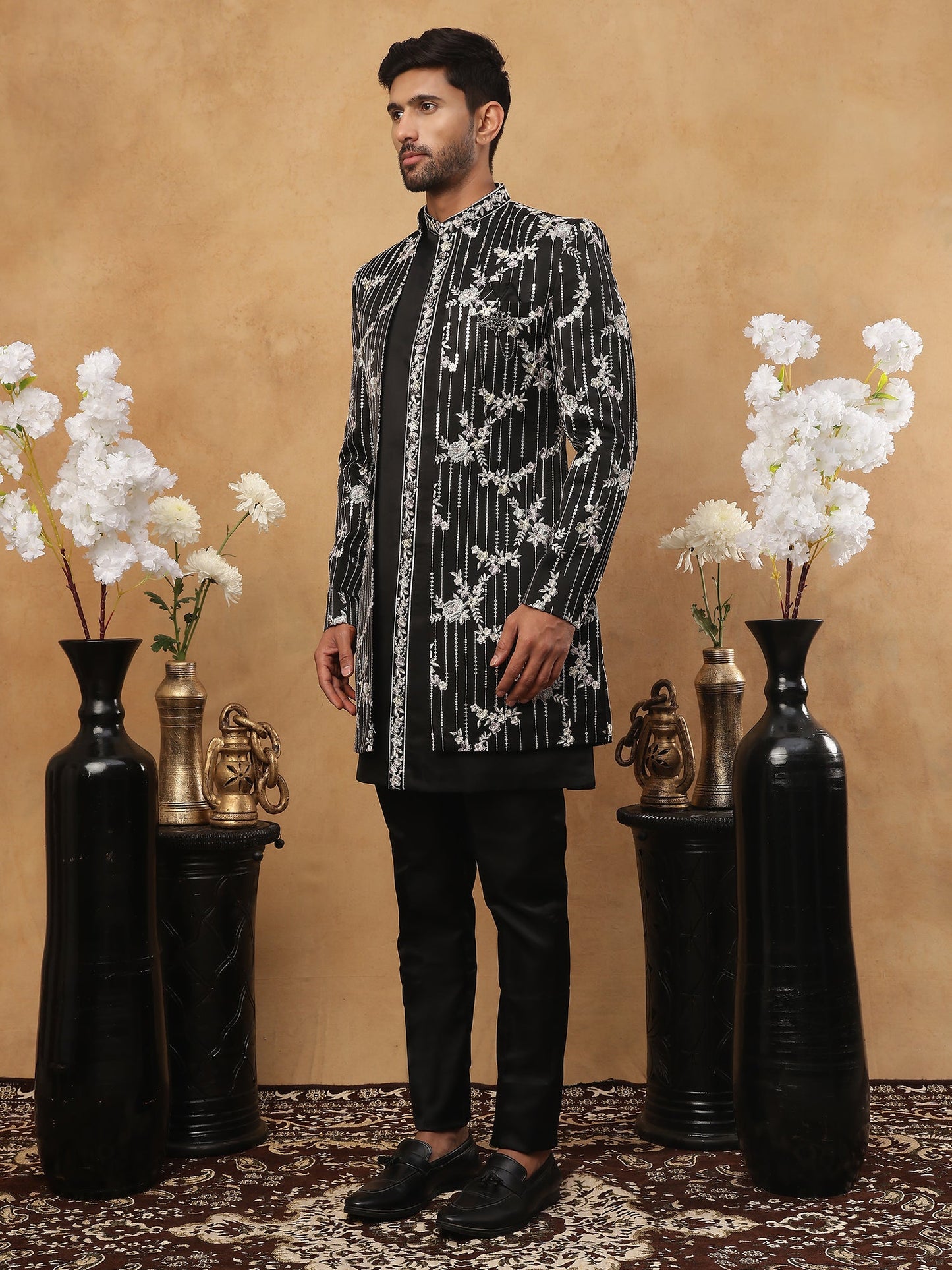Men's Black Sequined Indo-Western Set ( 50JIND 120 Black )