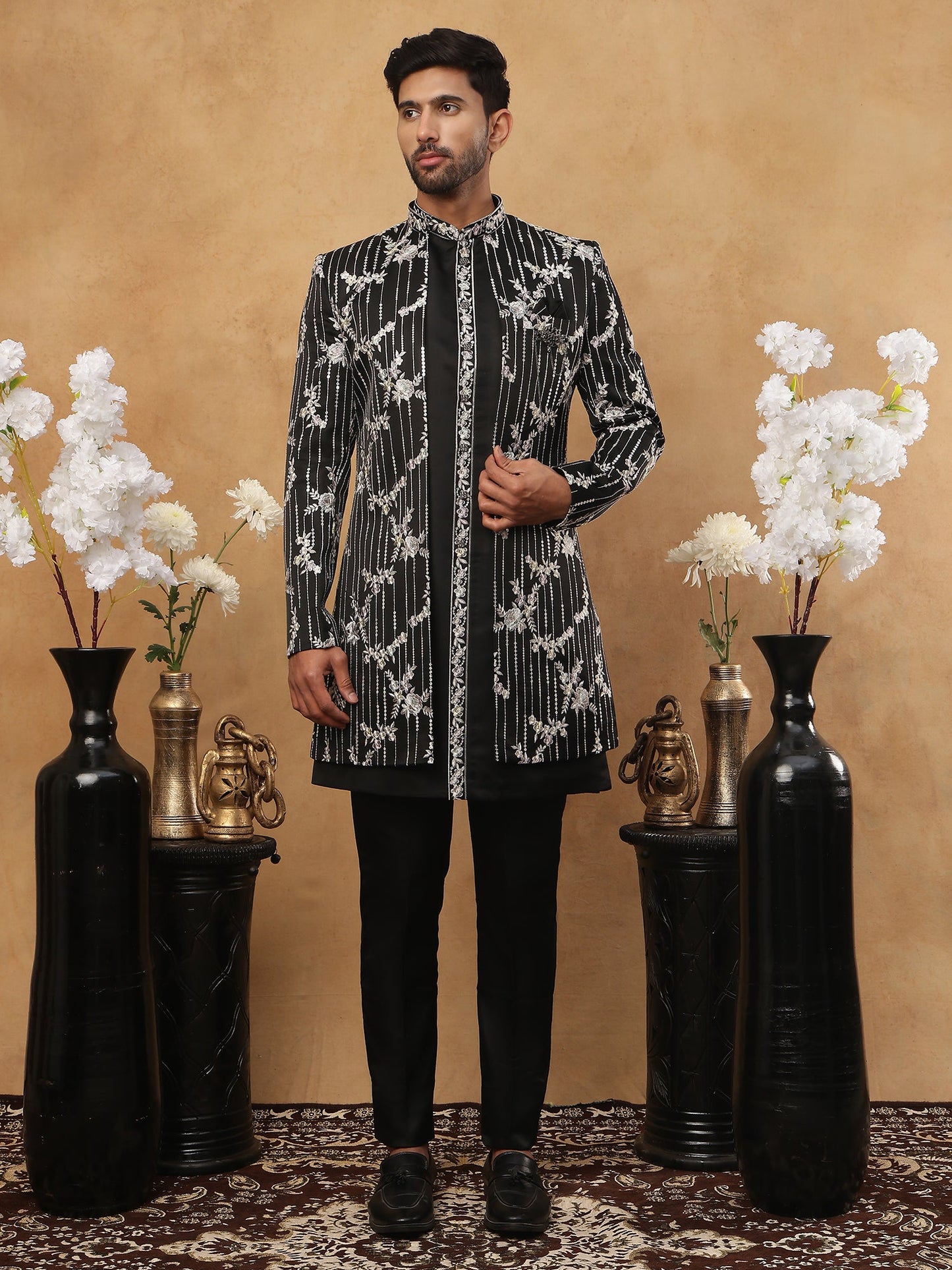Men's Black Sequined Indo-Western Set ( 50JIND 120 Black )