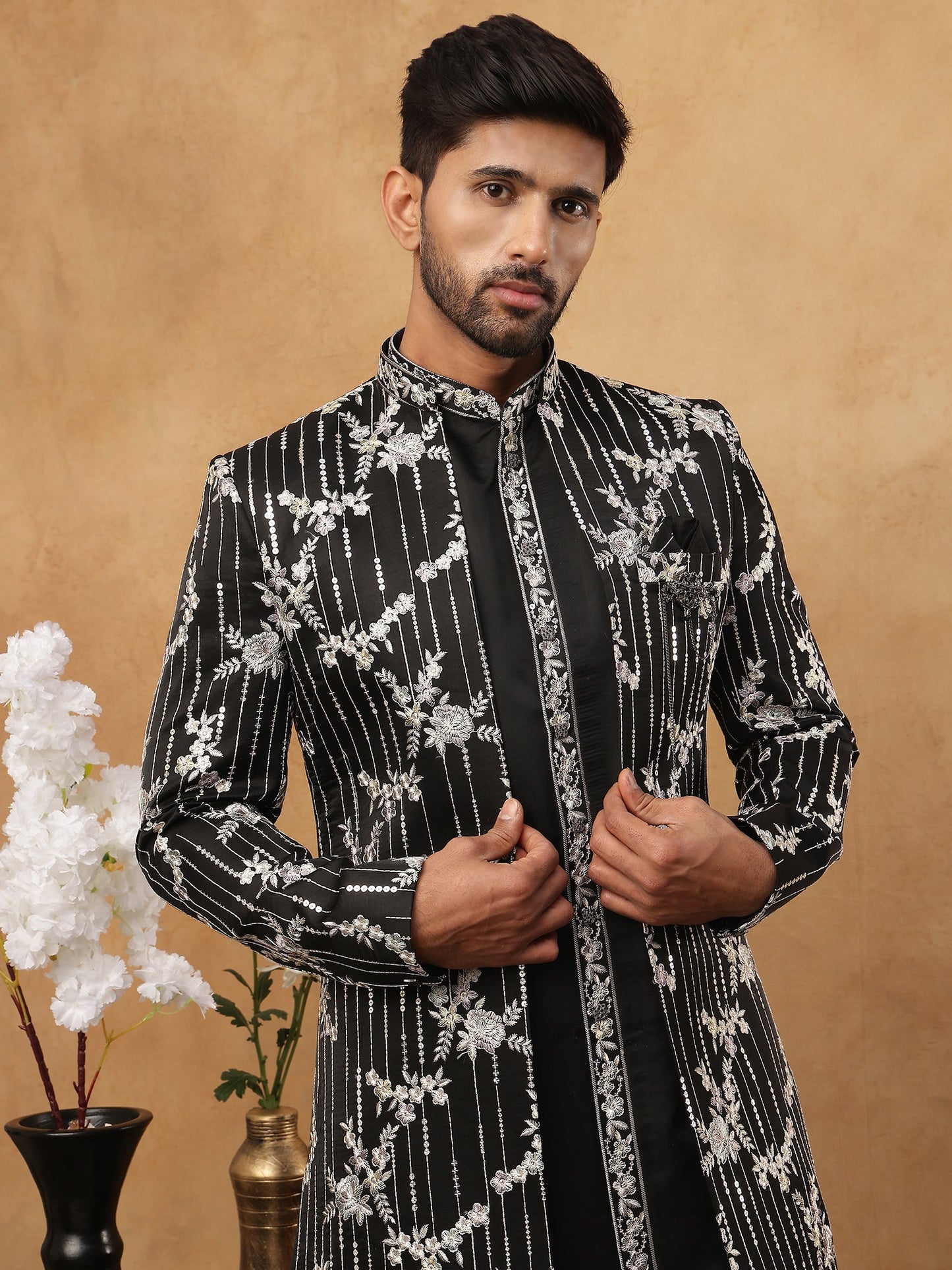 Men's Black Sequined Indo-Western Set ( 50JIND 120 Black )