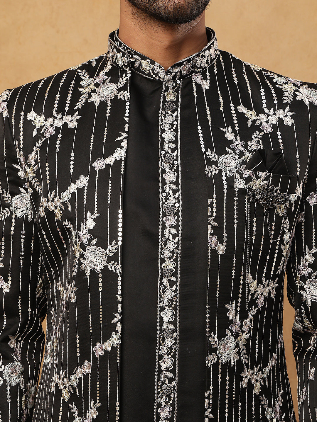 Men's Black Sequined Indo-Western Set ( 50JIND 120 Black )