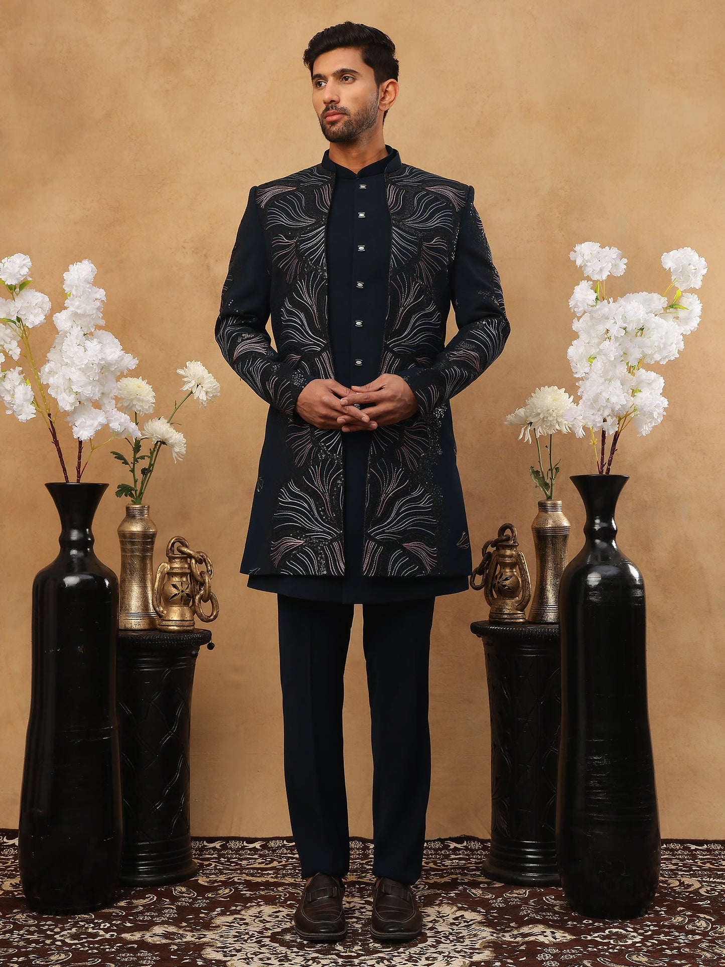 Men's Navy Blue Geometric Embroidered Set ( 50JIND 121 Navy )