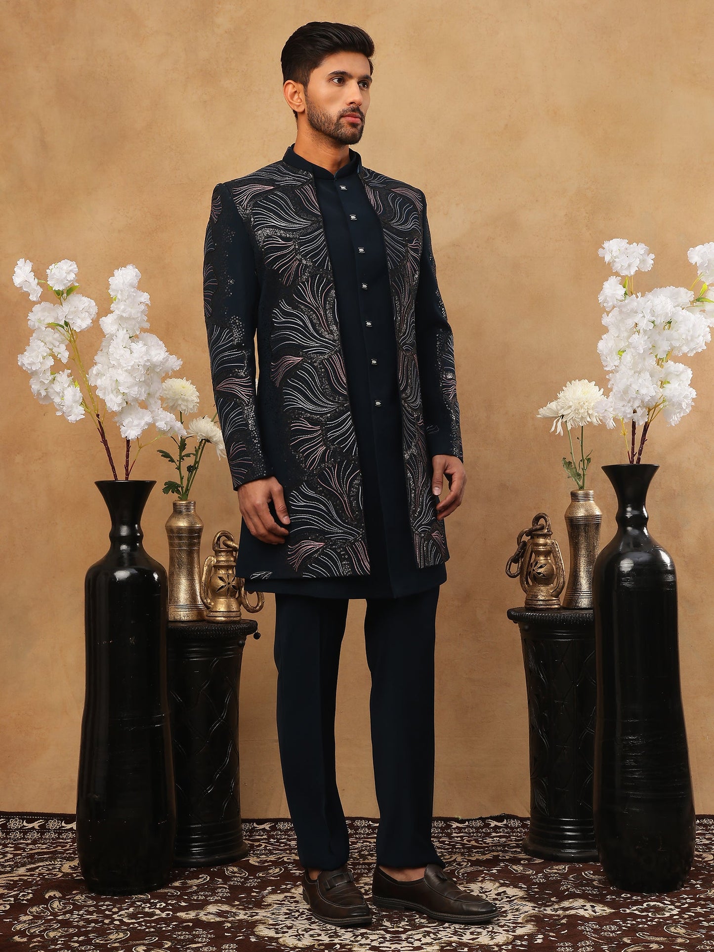 Men's Navy Blue Geometric Embroidered Set ( 50JIND 121 Navy )
