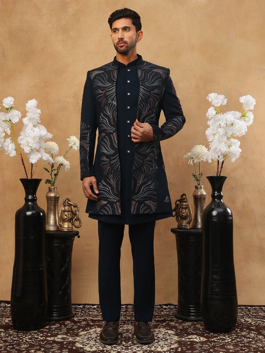 Men's Navy Blue Geometric Embroidered Set ( 50JIND 121 Navy )