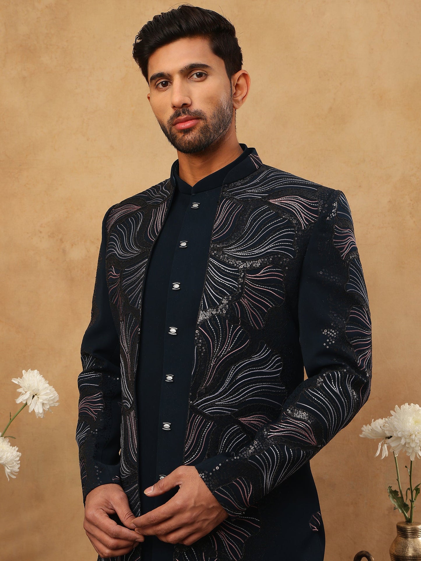 Men's Navy Blue Geometric Embroidered Set ( 50JIND 121 Navy )