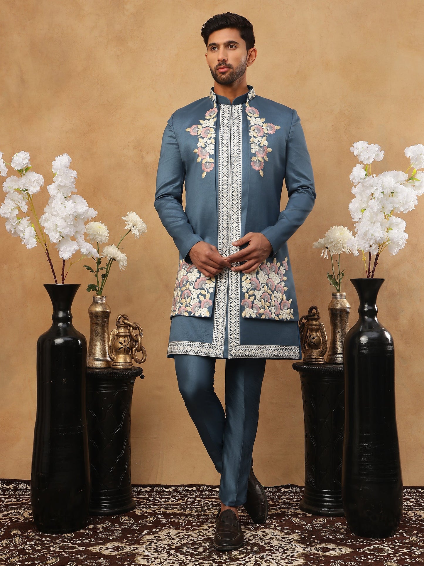 Men's Royal Blue Geometric Embroidered Indo-Western Set ( 50JIND 123 Blue )