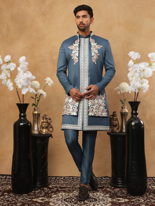 Men's Royal Blue Geometric Embroidered Indo-Western Set ( 50JIND 123 Blue )
