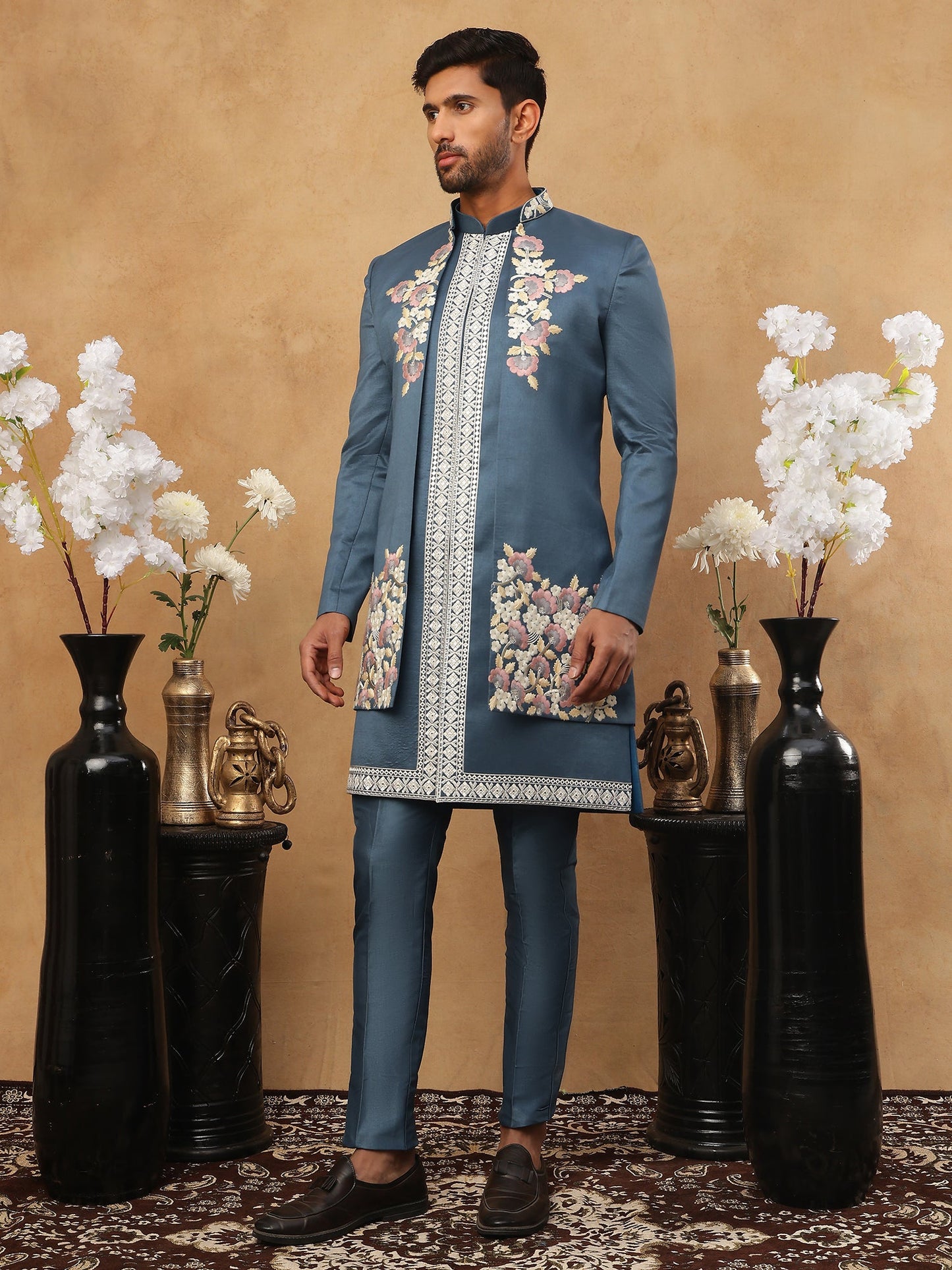 Men's Royal Blue Geometric Embroidered Indo-Western Set ( 50JIND 123 Blue )