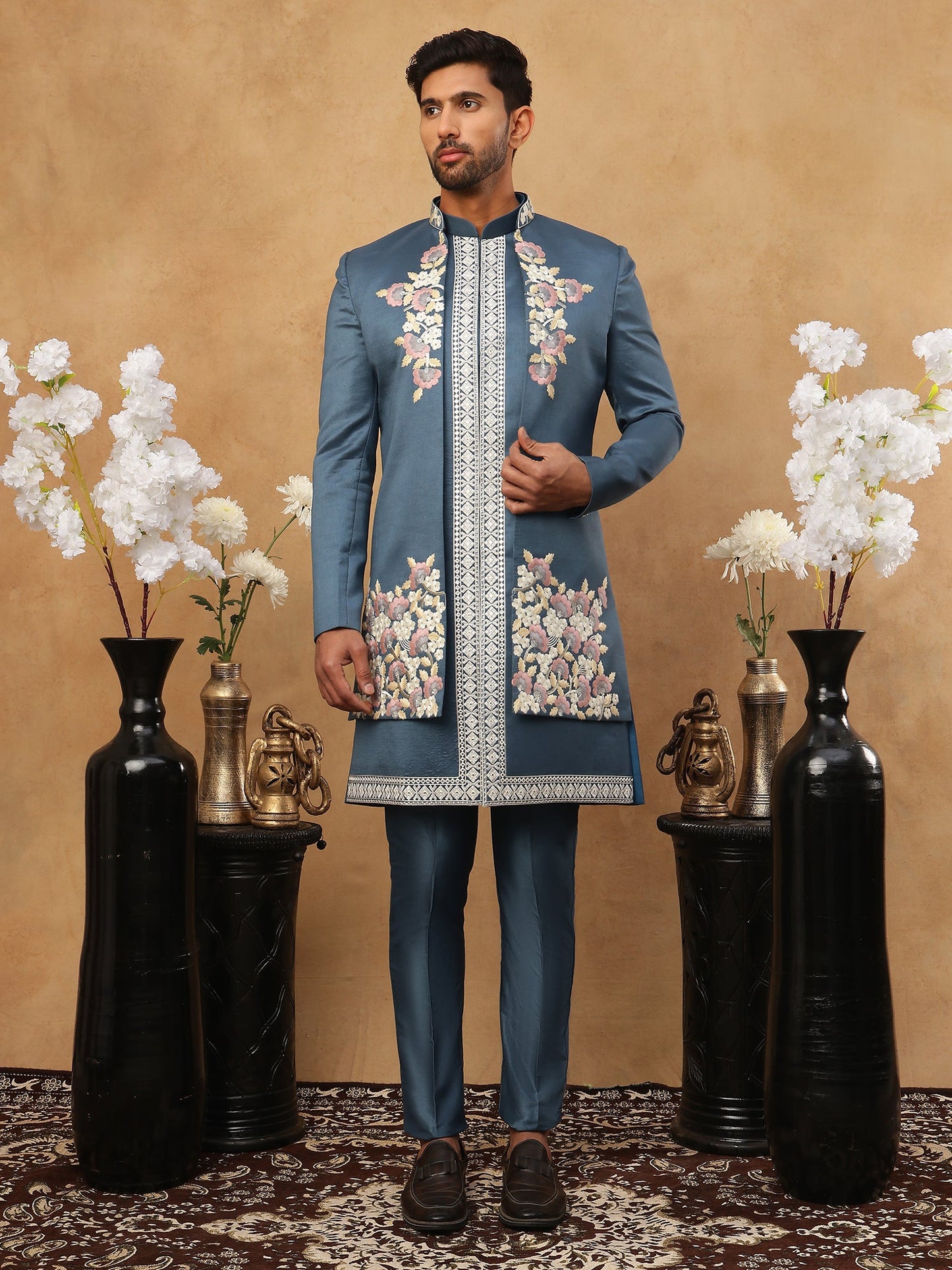 Men's Royal Blue Geometric Embroidered Indo-Western Set ( 50JIND 123 Blue )