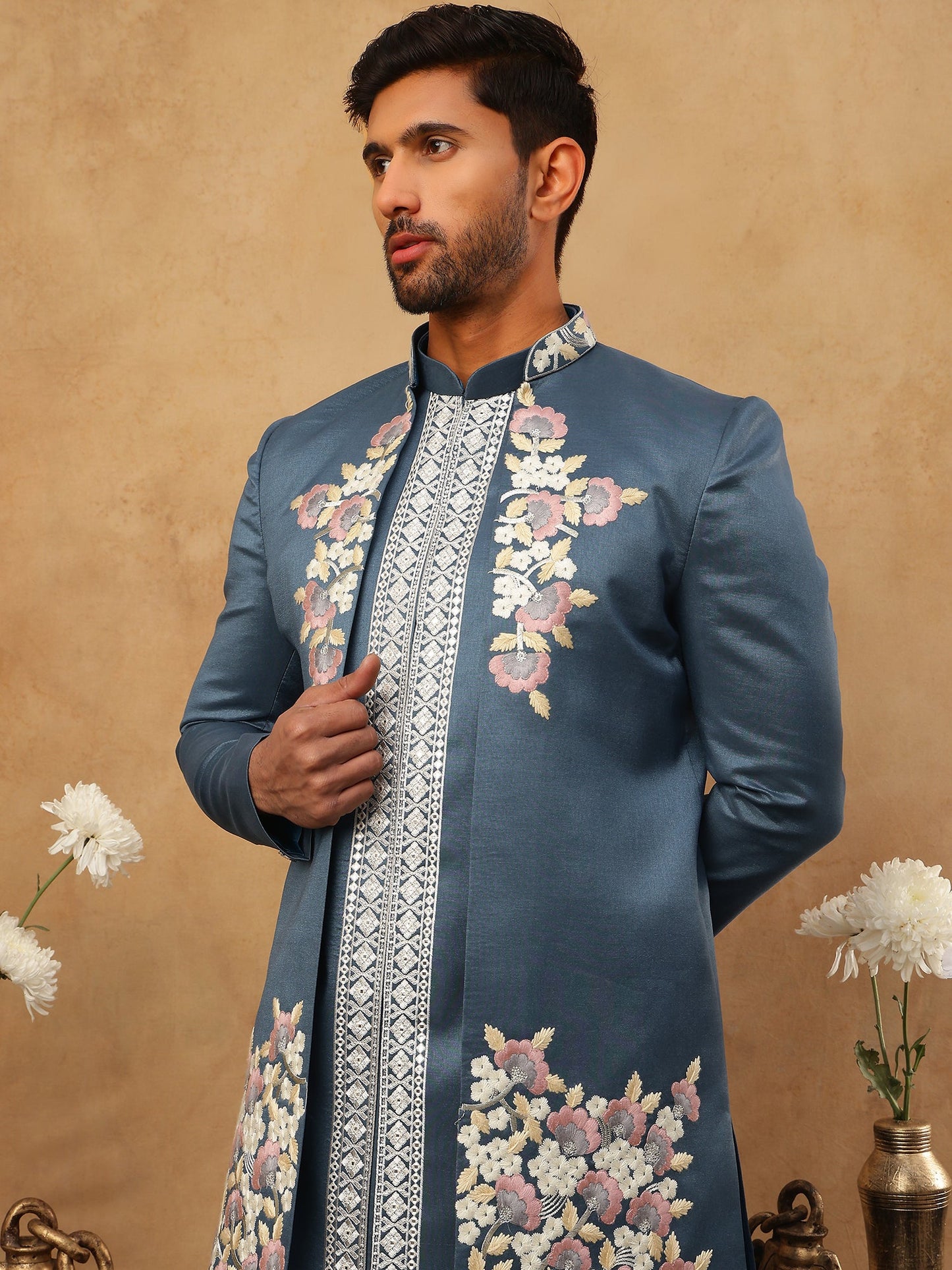 Men's Royal Blue Geometric Embroidered Indo-Western Set ( 50JIND 123 Blue )