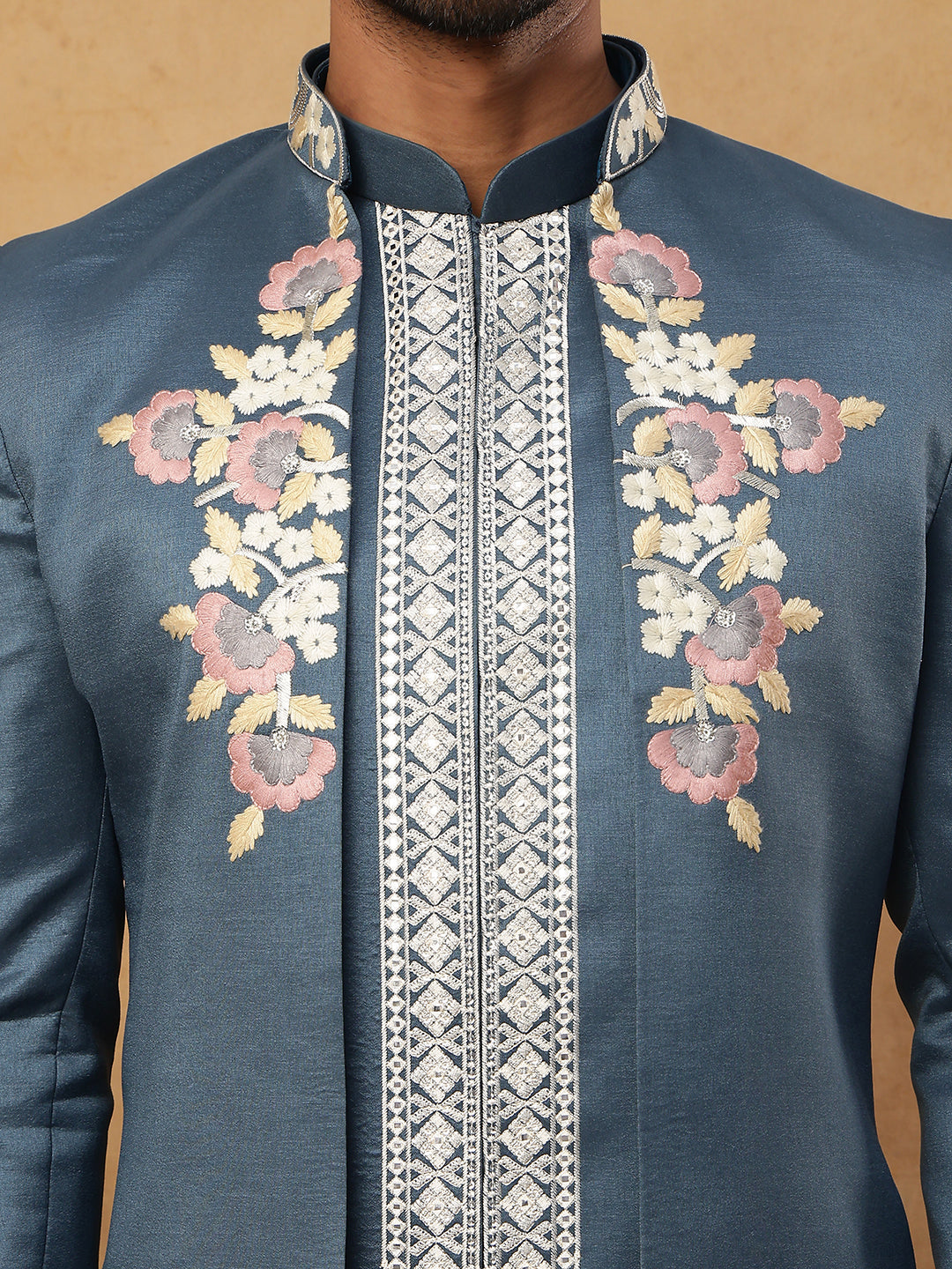 Men's Royal Blue Geometric Embroidered Indo-Western Set ( 50JIND 123 Blue )