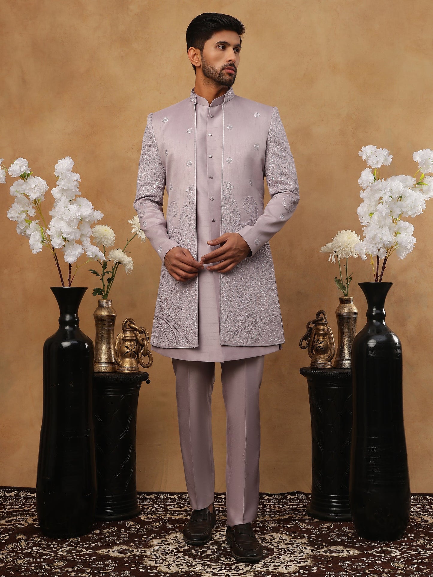 Men's Lavender Floral Embroidered Indo-Western Set ( 50JIND 122 lavender )