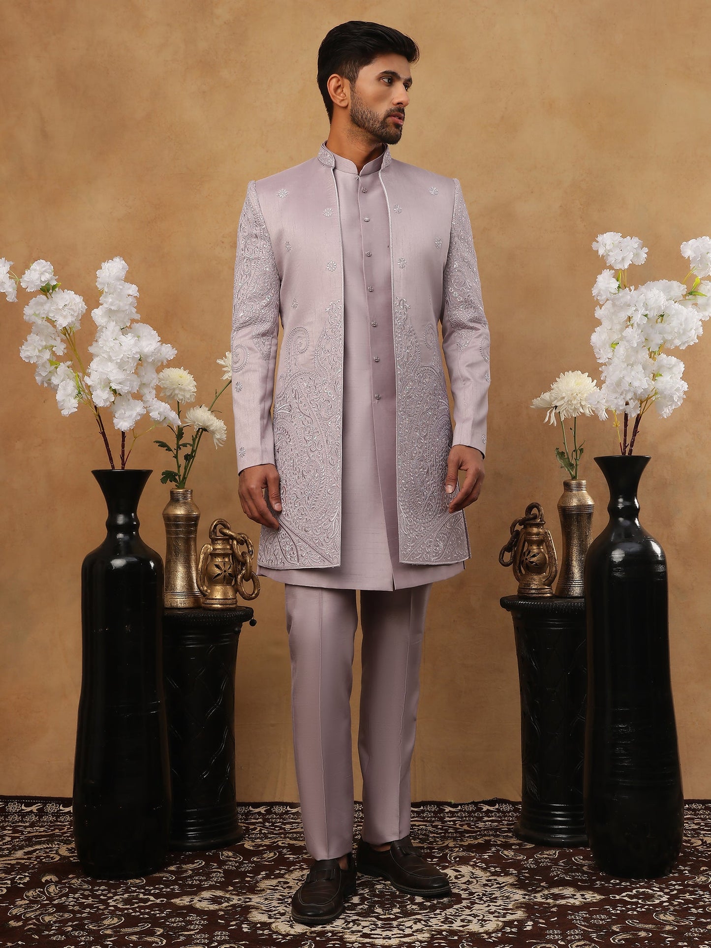 Men's Lavender Floral Embroidered Indo-Western Set ( 50JIND 122 lavender )