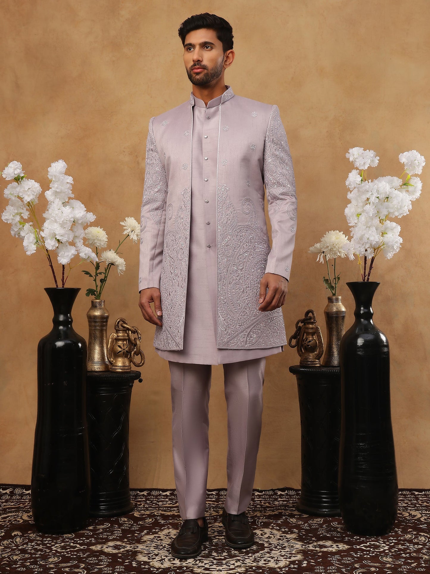 Men's Lavender Floral Embroidered Indo-Western Set ( 50JIND 122 lavender )