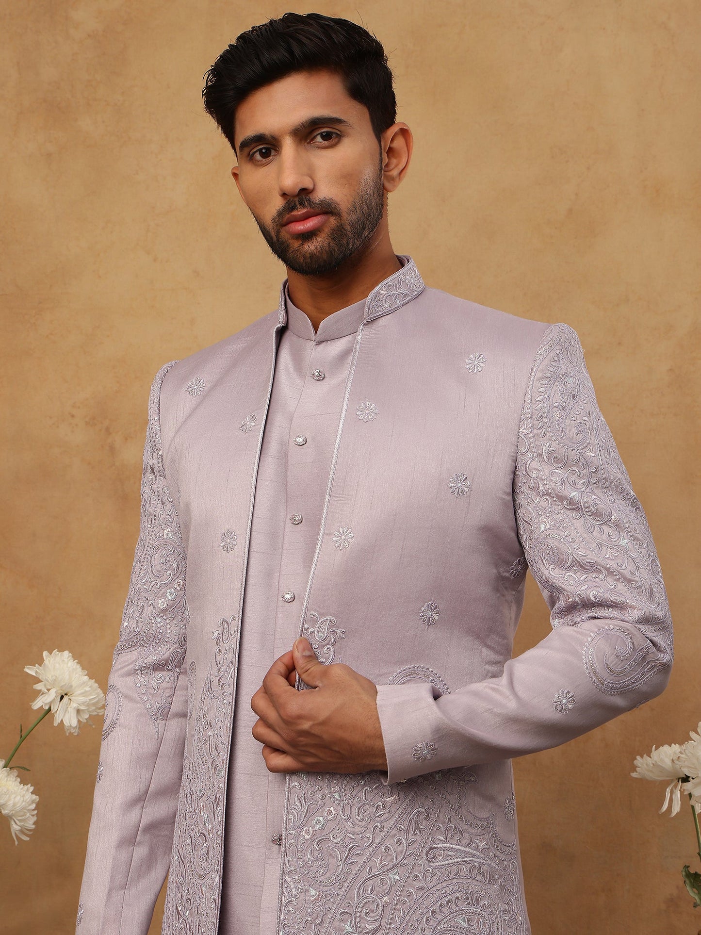Men's Lavender Floral Embroidered Indo-Western Set ( 50JIND 122 lavender )