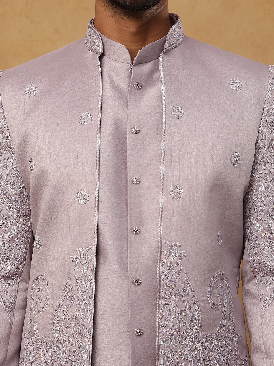 Men's Lavender Floral Embroidered Indo-Western Set ( 50JIND 122 lavender )