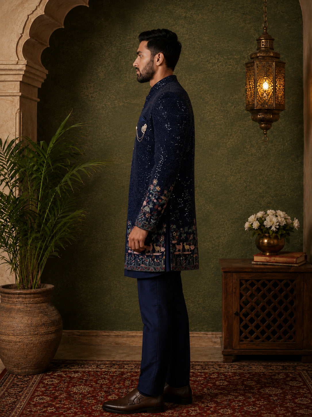 Men’s Navy Blue Heavily Embroidered Indo-Western Set