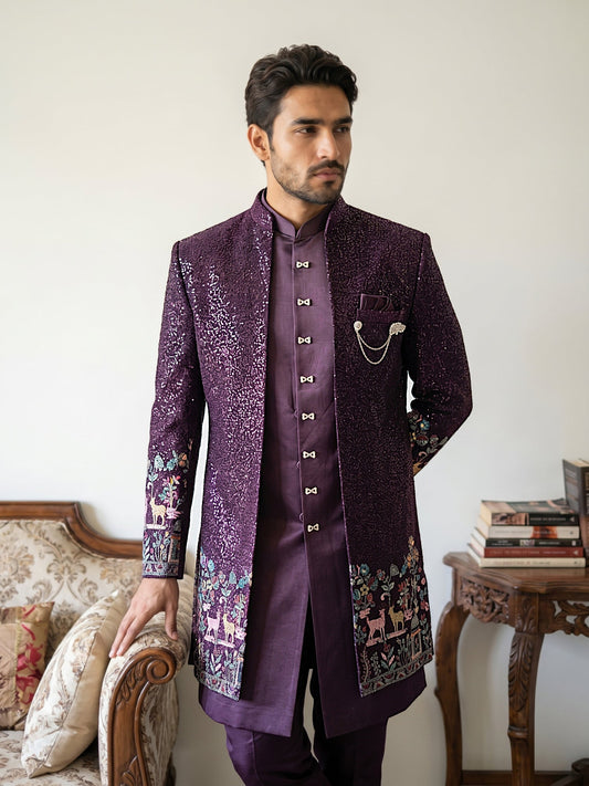 Men’s Purple Heavily Embroidered Indo-Western Set