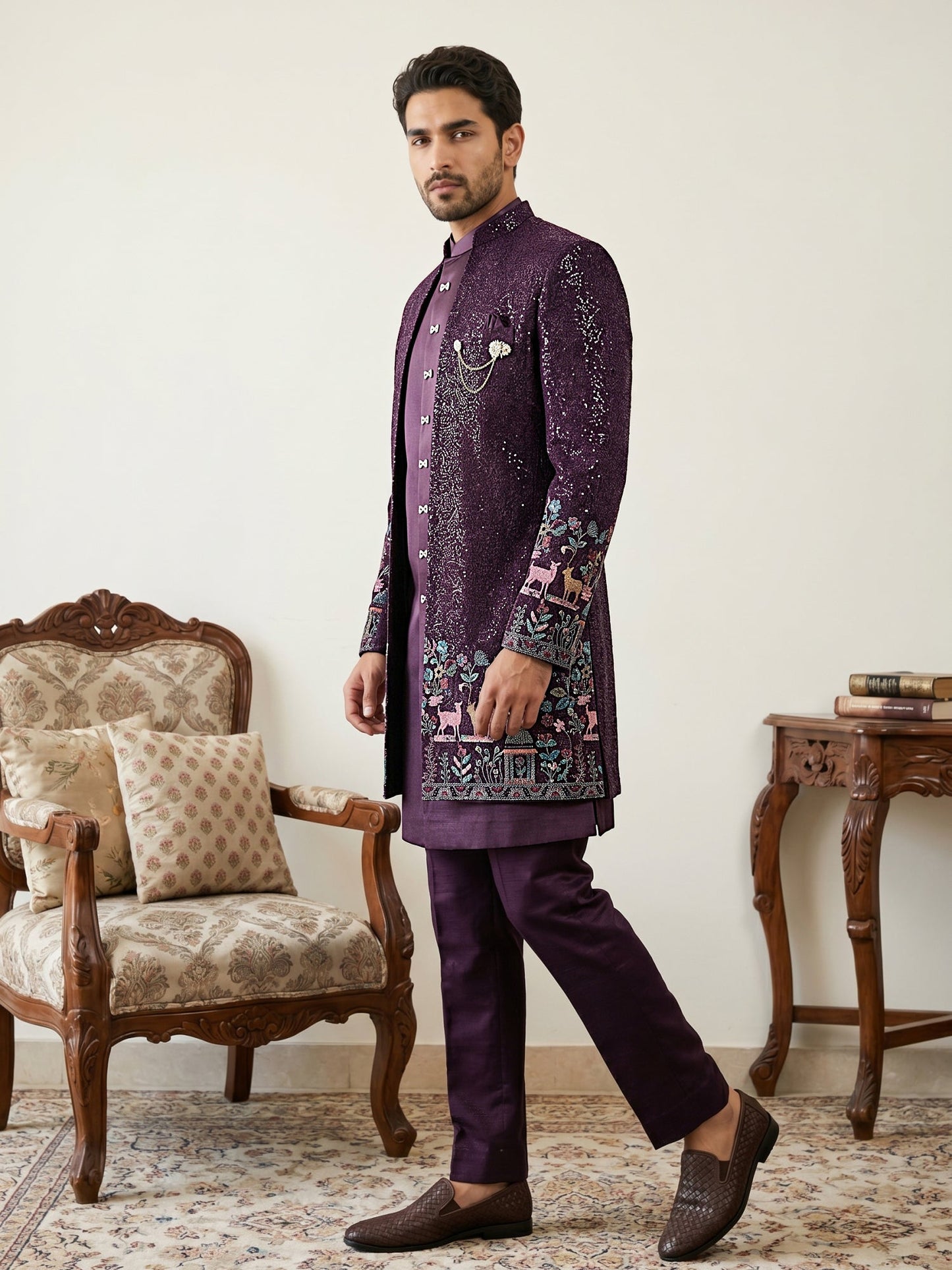 Men’s Purple Heavily Embroidered Indo-Western Set