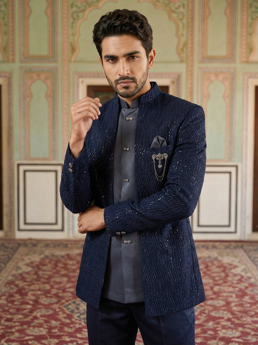 Men’s Embroidered Indo-Western Set ( 50JIND 132Navy S )