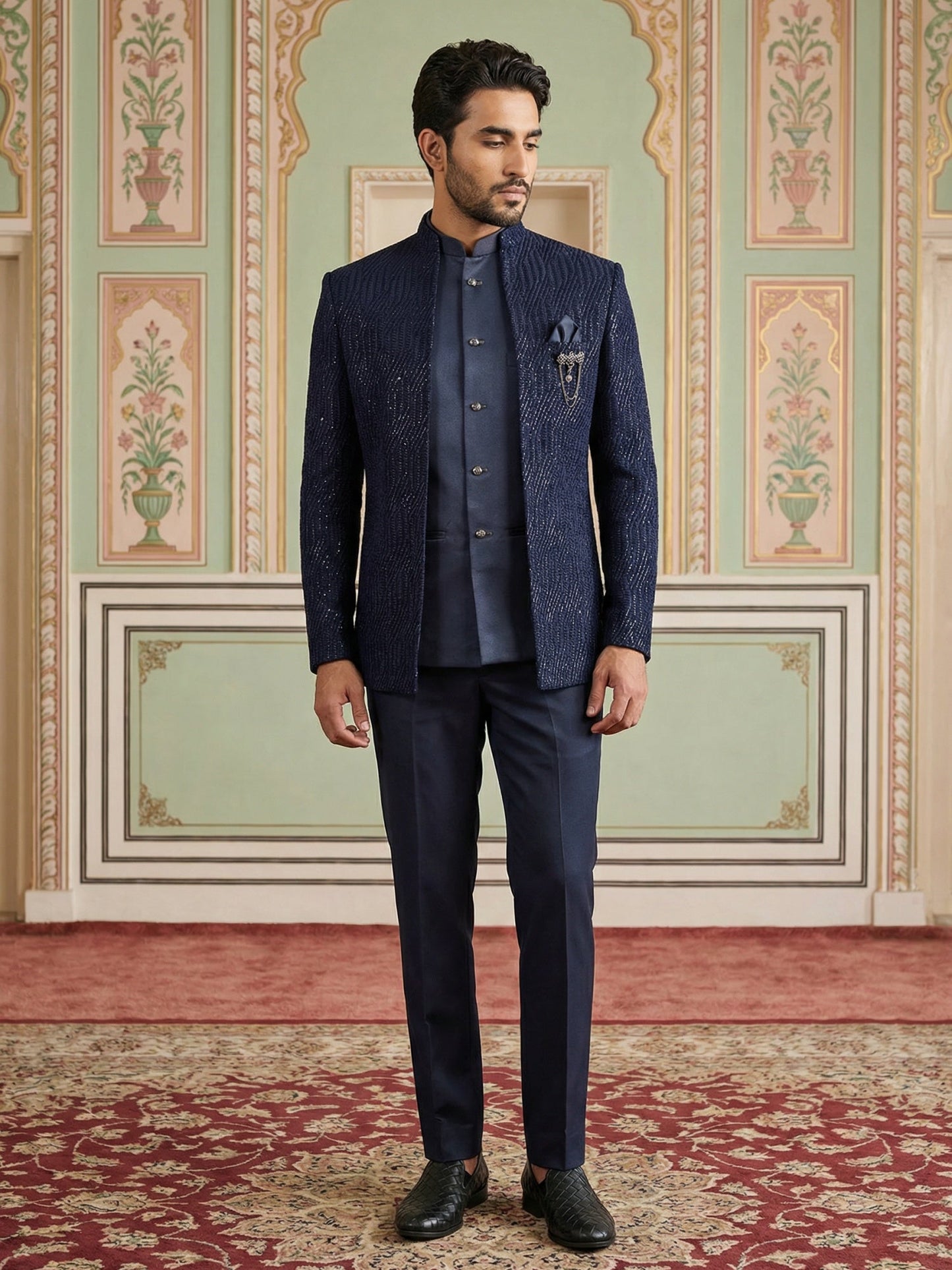Men’s Embroidered Indo-Western Set ( 50JIND 132Navy S )