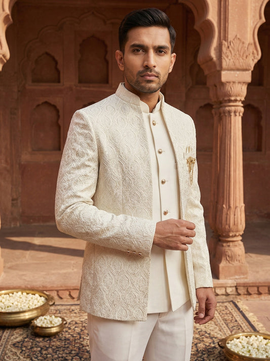 Men Embroidered Cotton Blend Indo-Western Sherwani Set ( 50JIND 133Cream S )