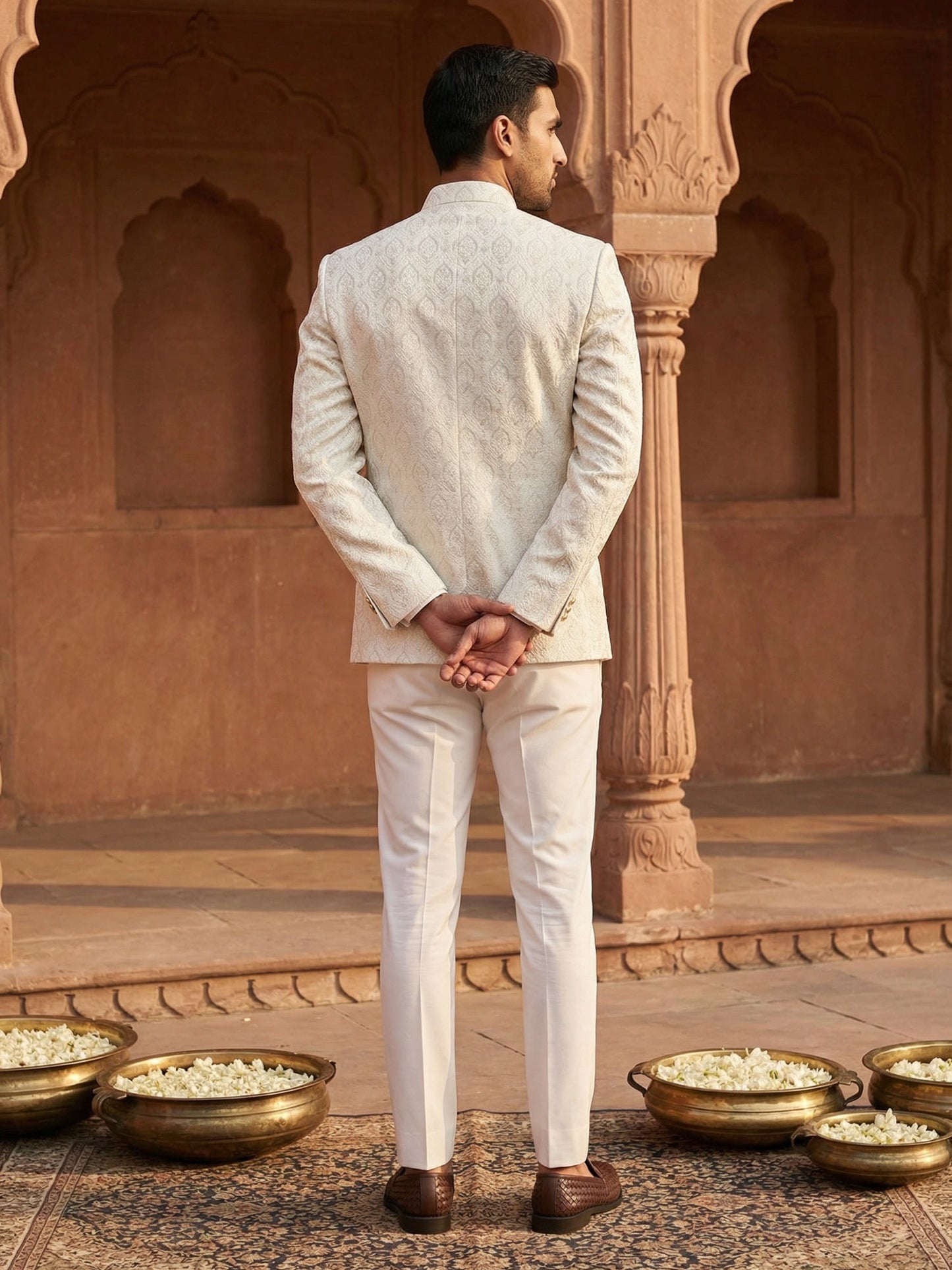 Men Embroidered Cotton Blend Indo-Western Sherwani Set ( 50JIND 133Cream S )