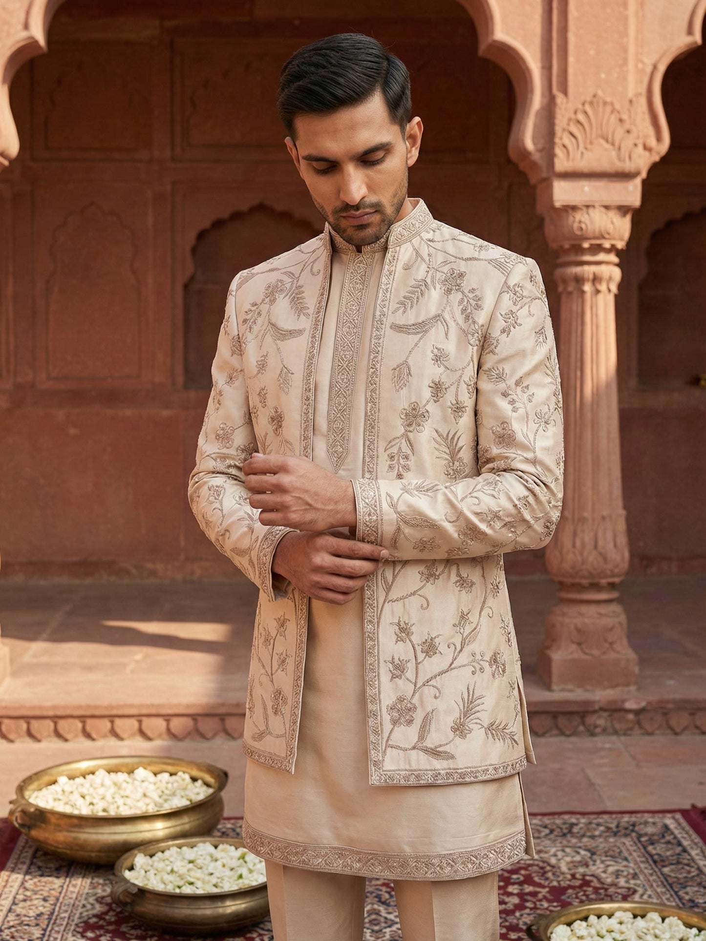 Men Embroidered Cotton Blend Indo-Western Set ( 50JIND 134Beige S )