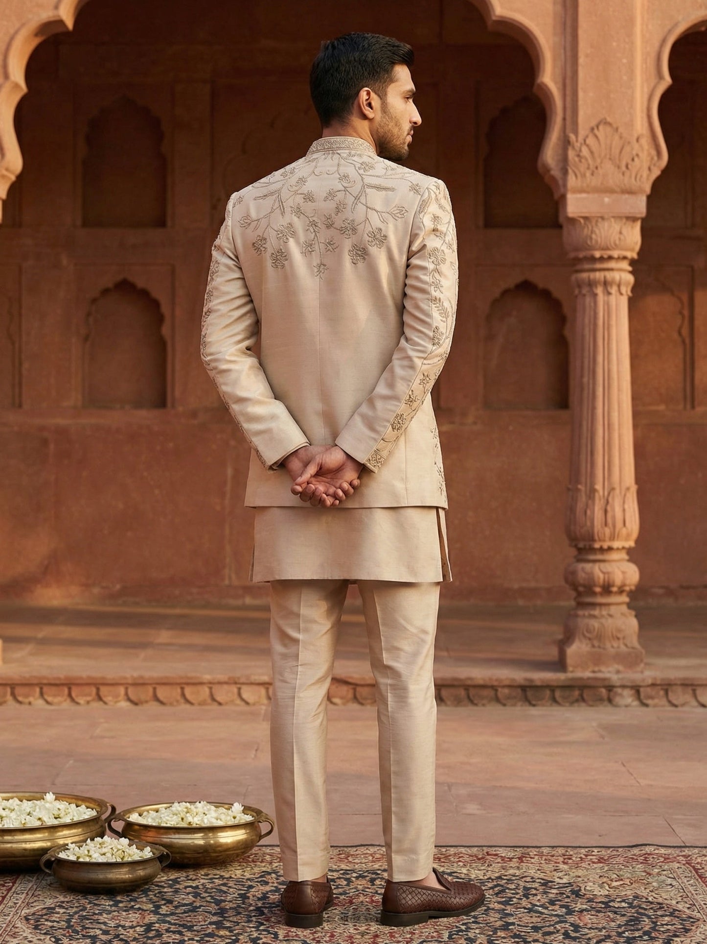 Men Embroidered Cotton Blend Indo-Western Set ( 50JIND 134Beige S )