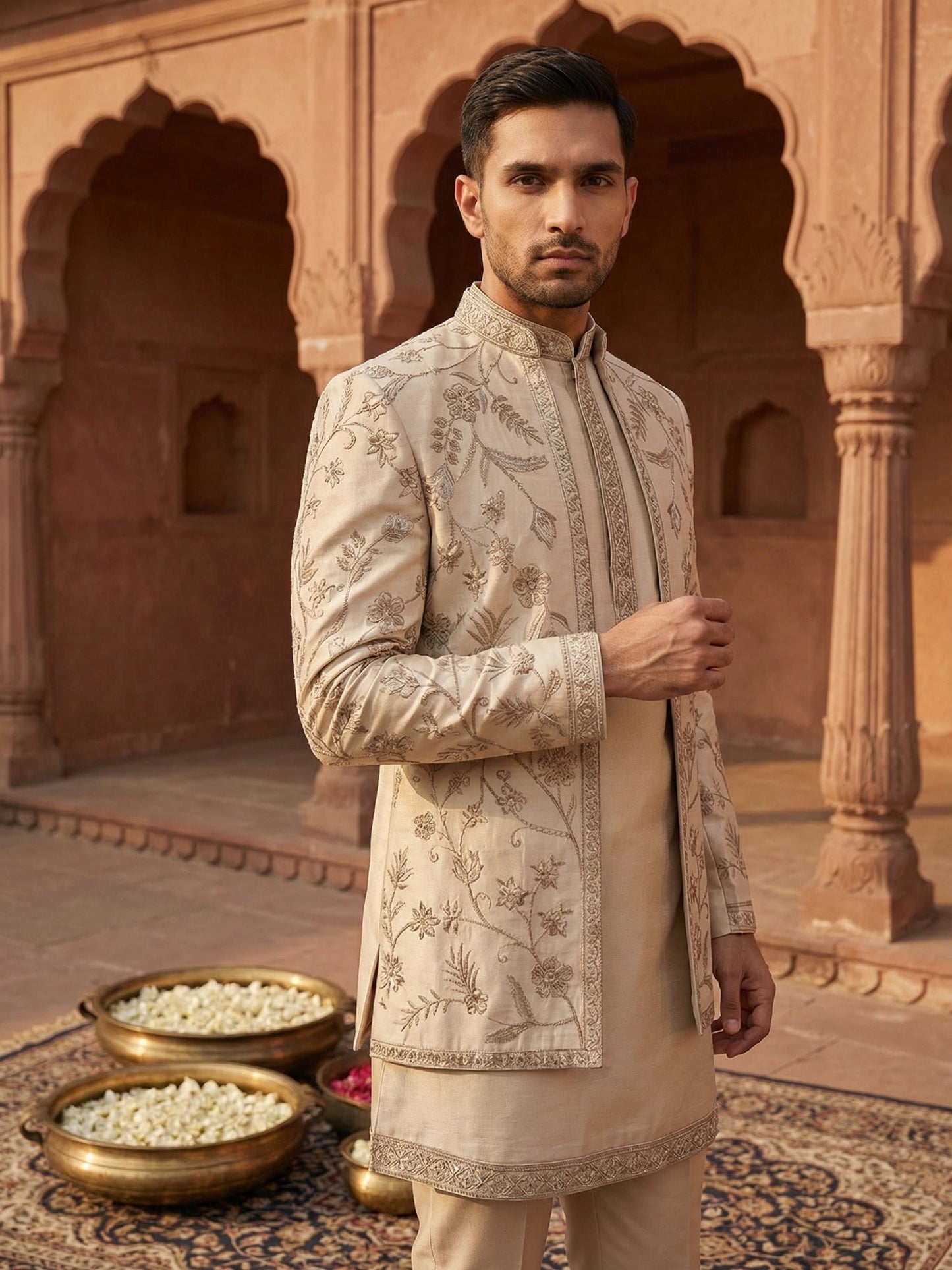 Men Embroidered Cotton Blend Indo-Western Set ( 50JIND 134Beige S )