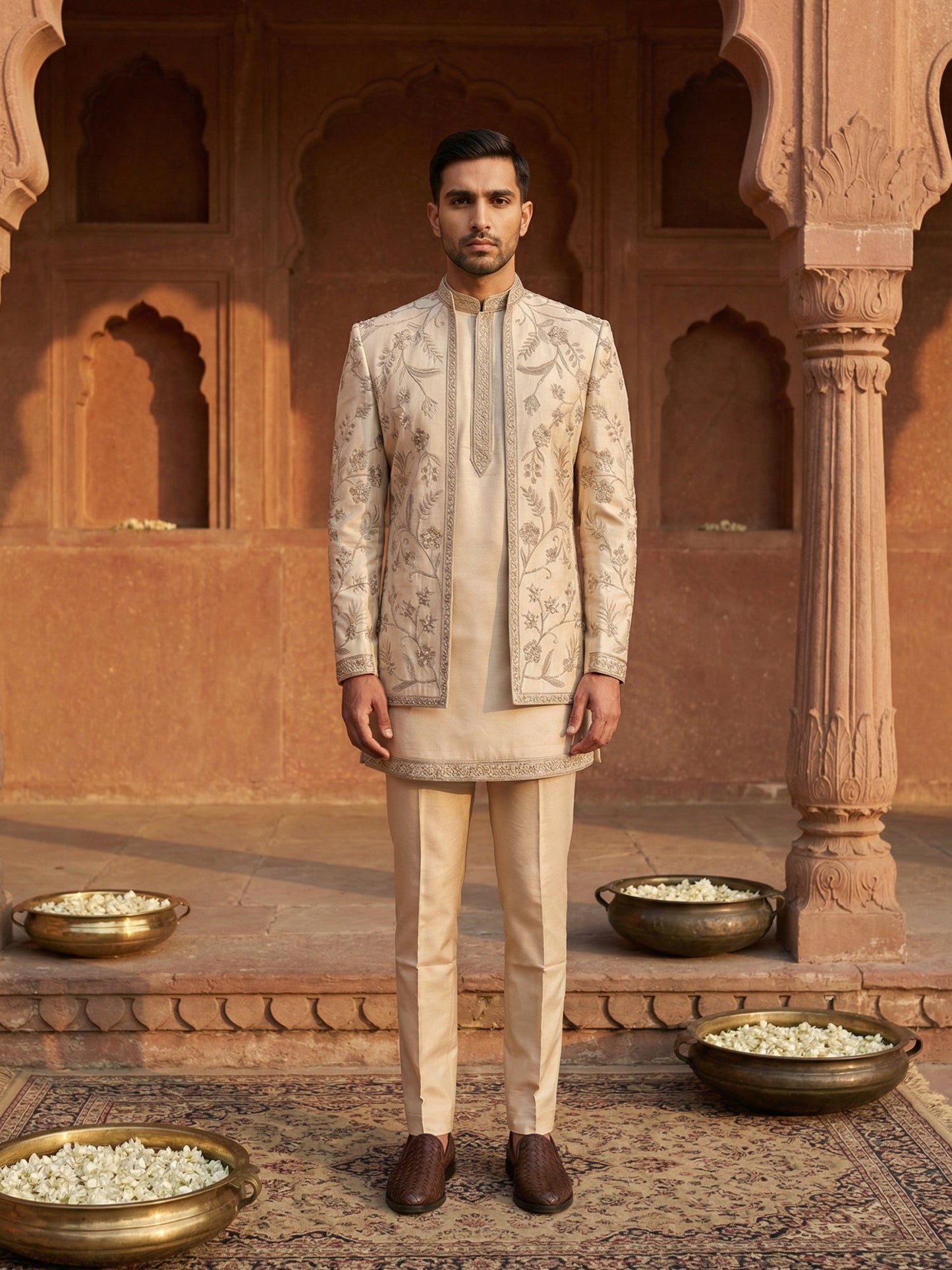 Men Embroidered Cotton Blend Indo-Western Set ( 50JIND 134Beige S )