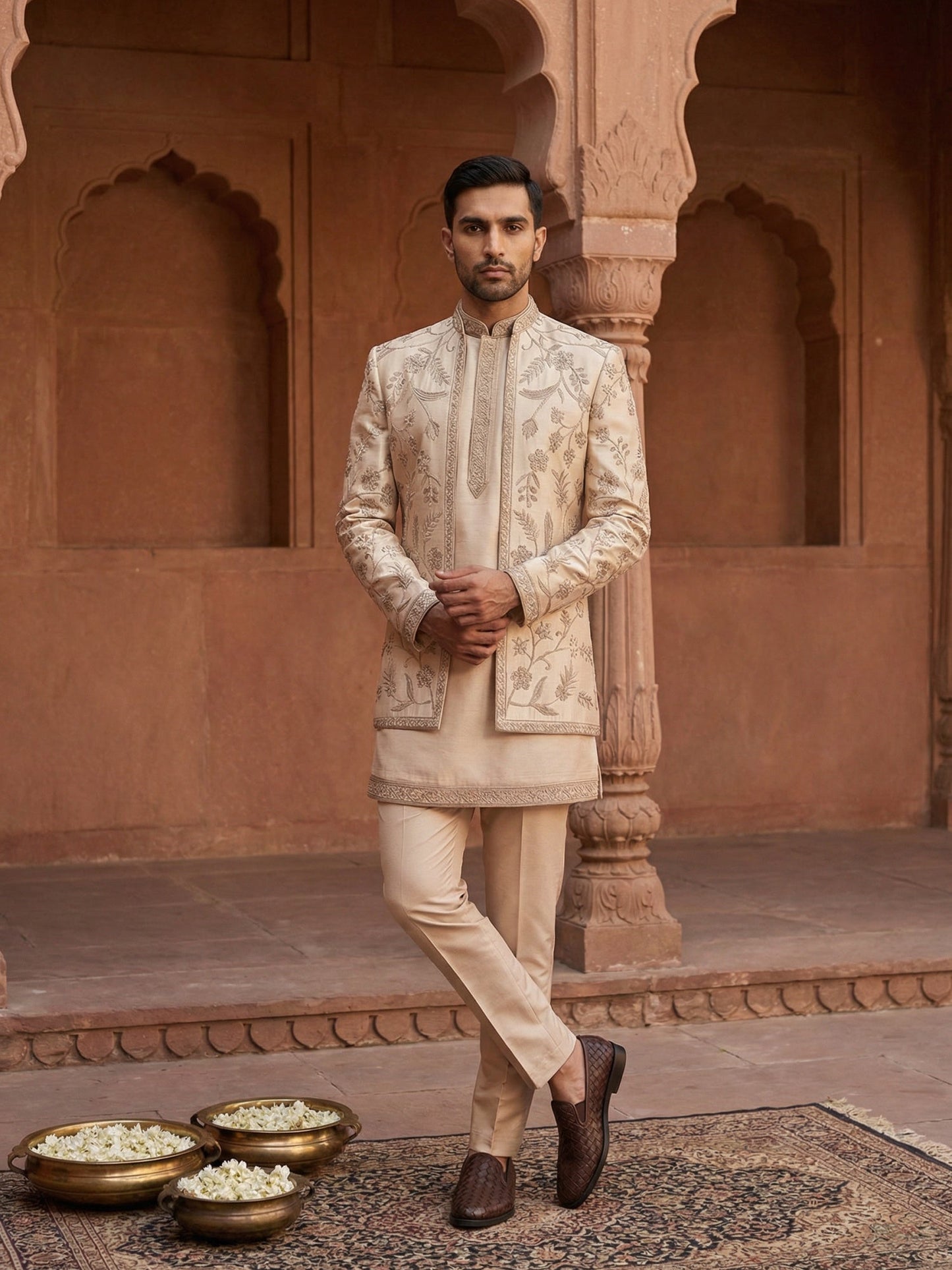 Men Embroidered Cotton Blend Indo-Western Set ( 50JIND 134Beige S )
