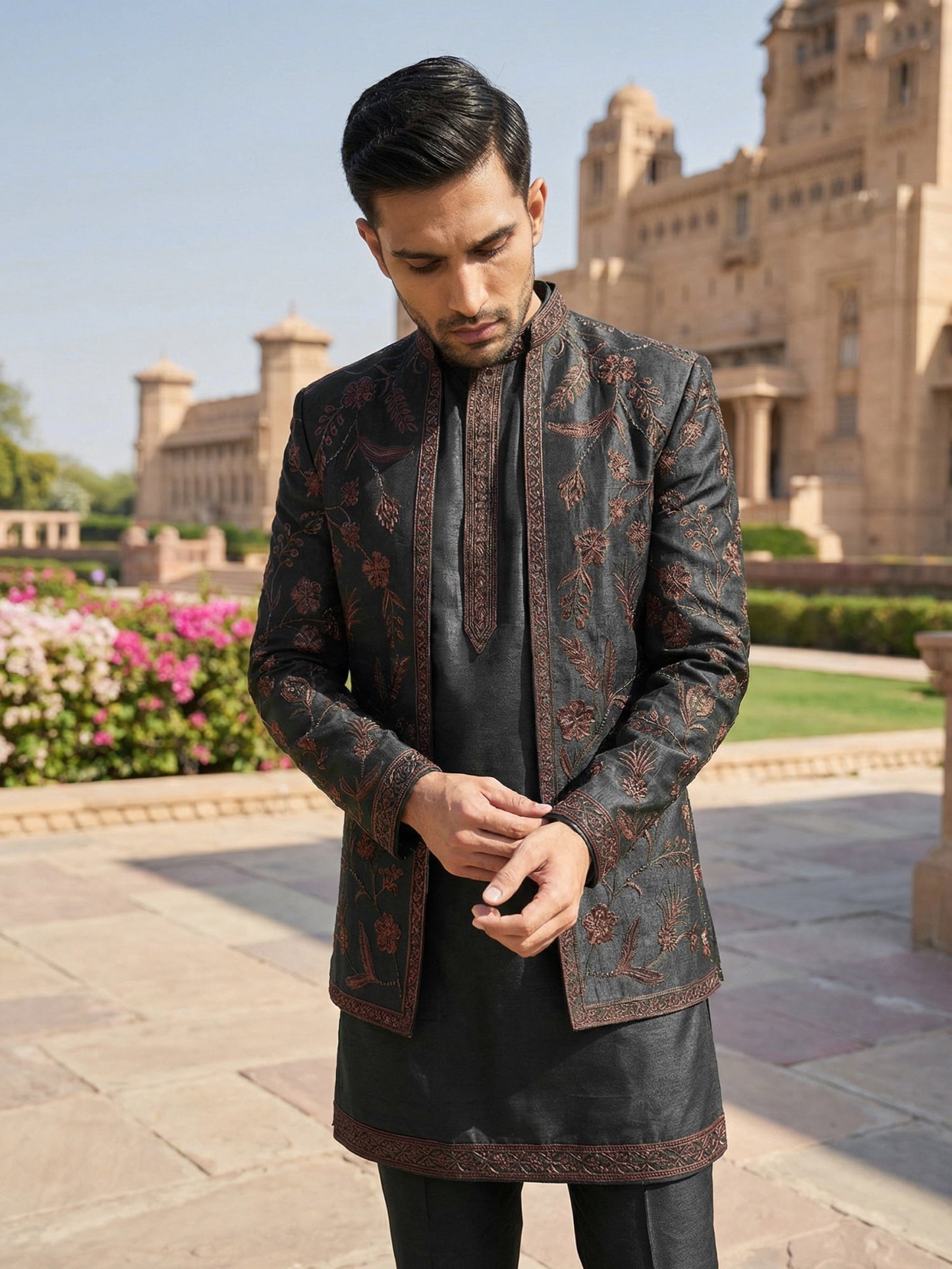 Men Embroidered Cotton Blend Indo-Western Set ( 50JIND 134Black S )