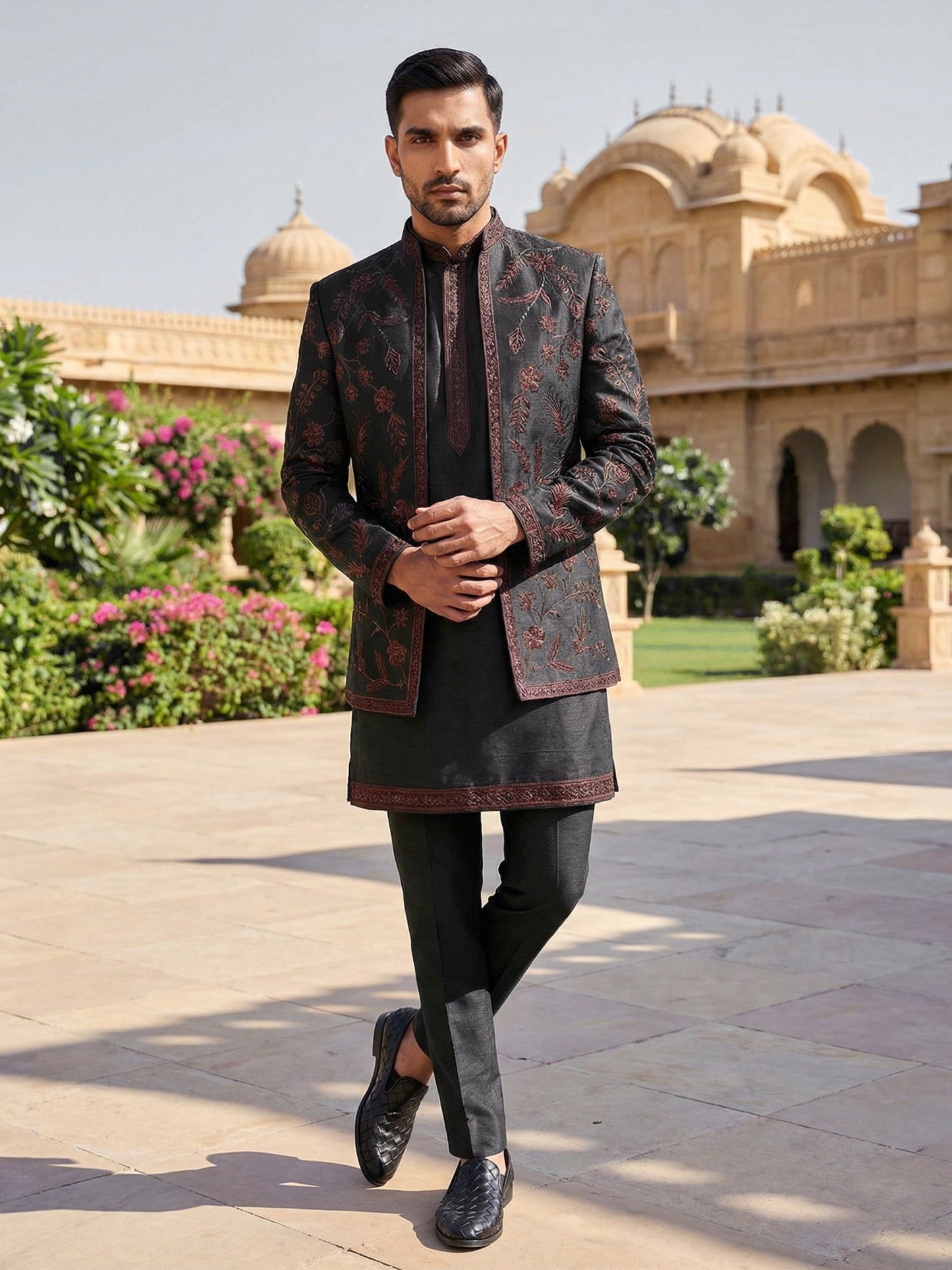 Men Embroidered Cotton Blend Indo-Western Set ( 50JIND 134Black S )