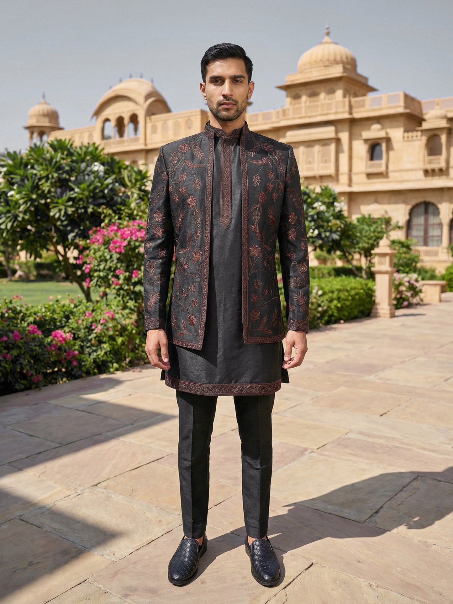 Men Embroidered Cotton Blend Indo-Western Set ( 50JIND 134Black S )
