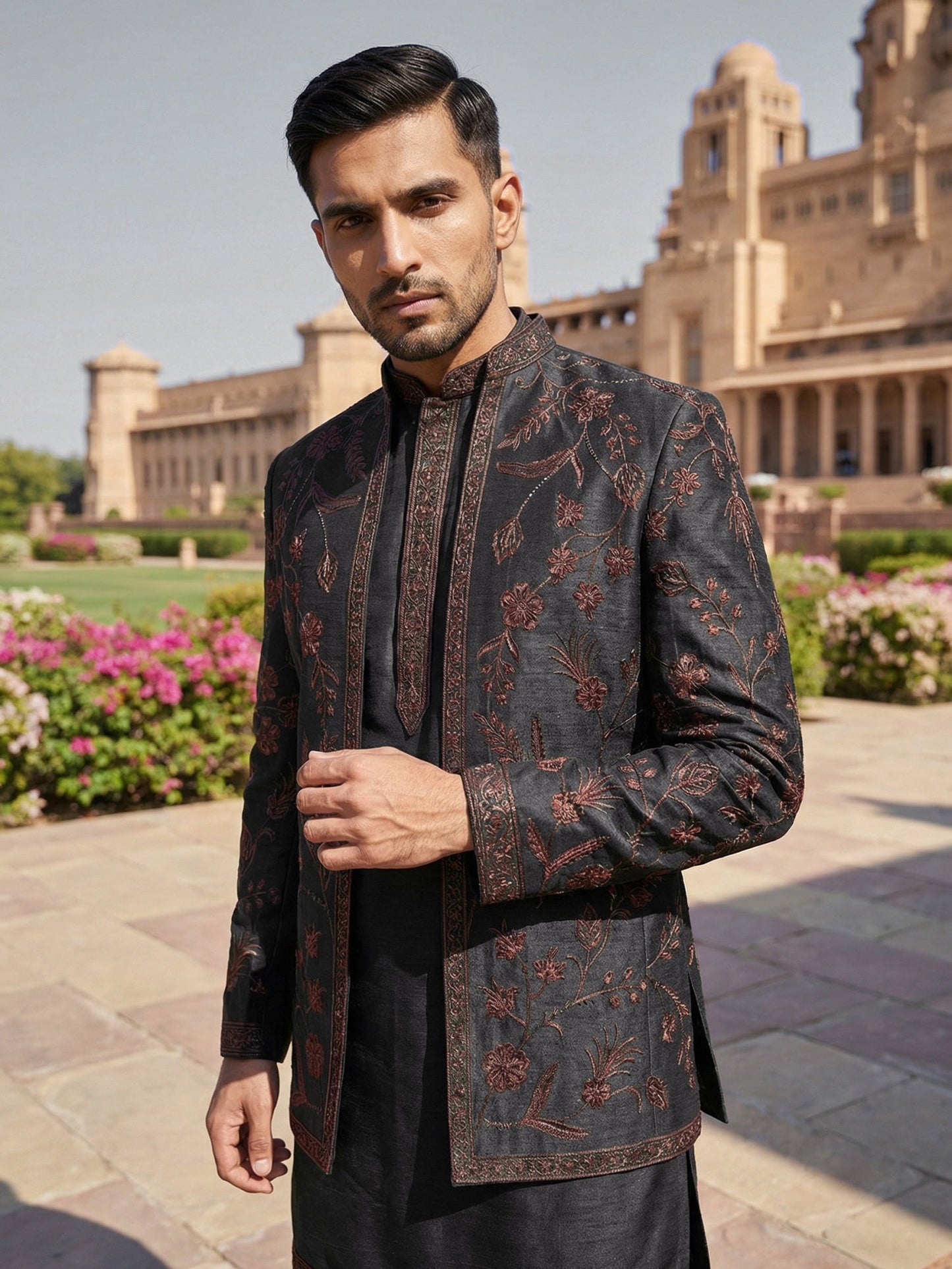 Men Embroidered Cotton Blend Indo-Western Set ( 50JIND 134Black S )