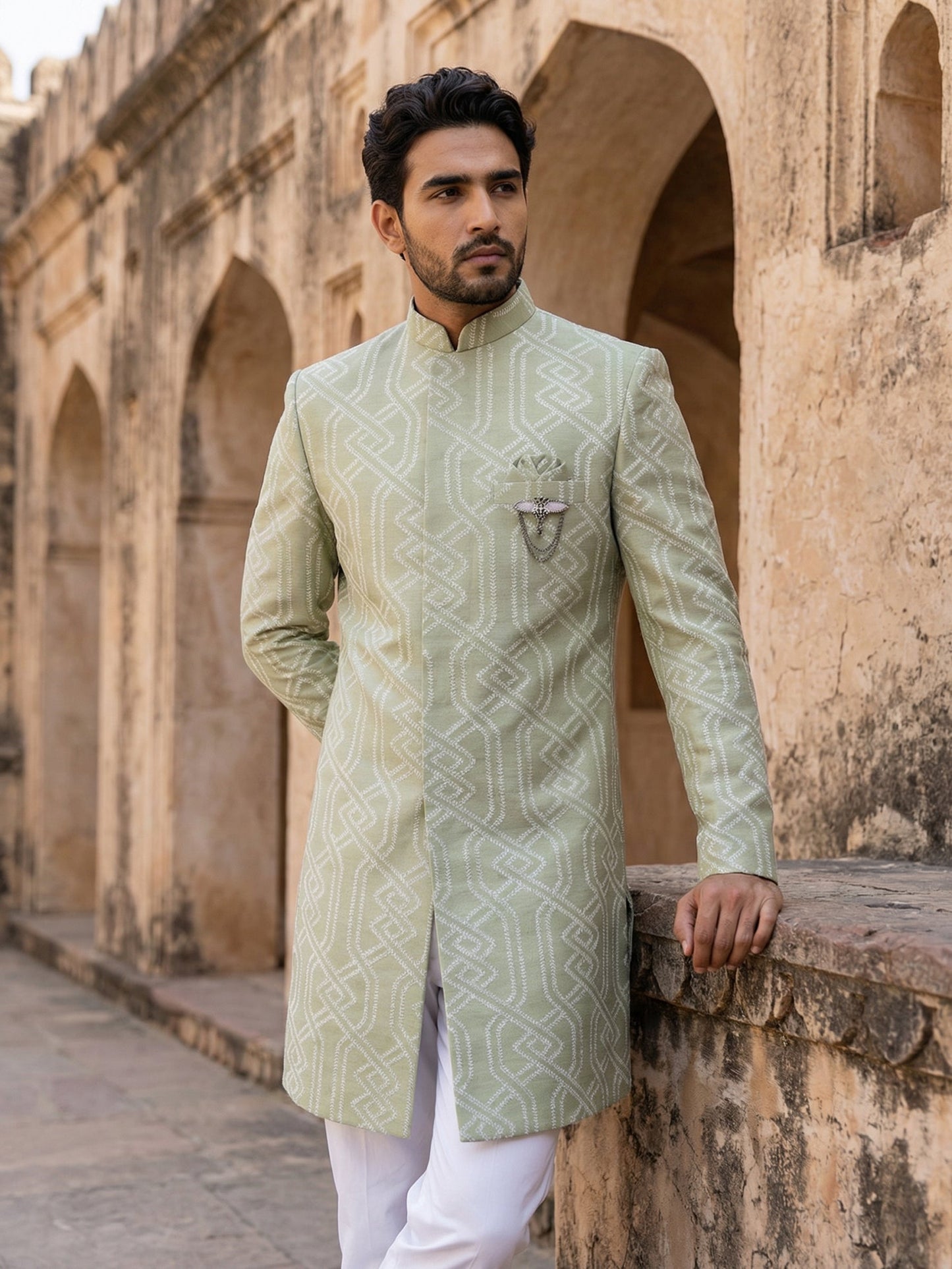 Jacquard Silk Sherwani Set ( 50JIND 135Pista S )