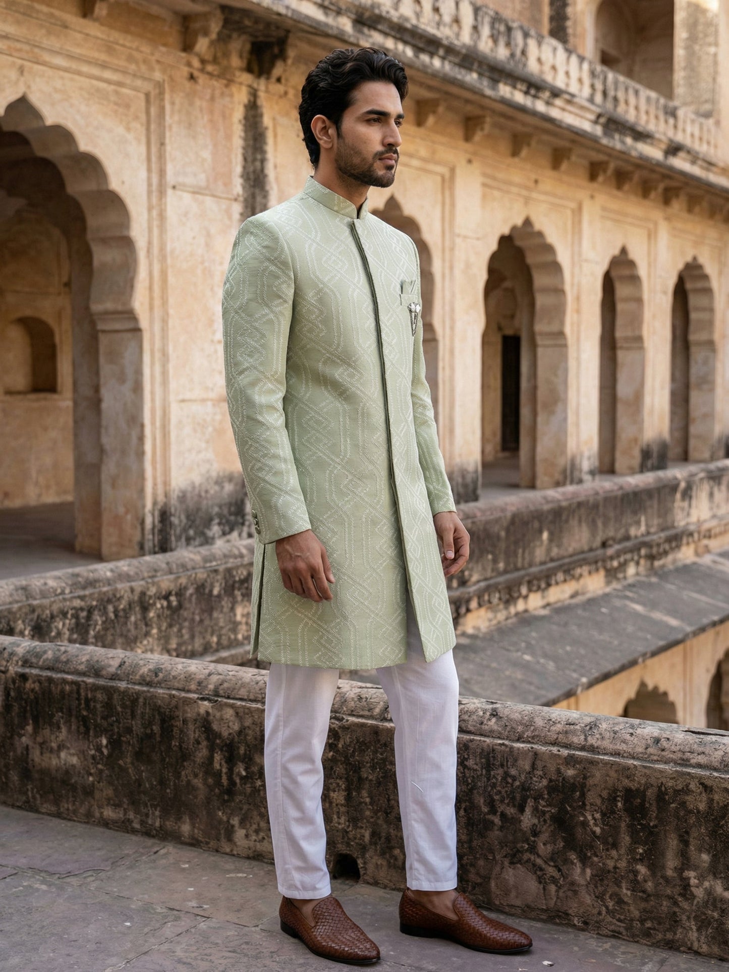Jacquard Silk Sherwani Set ( 50JIND 135Pista S )
