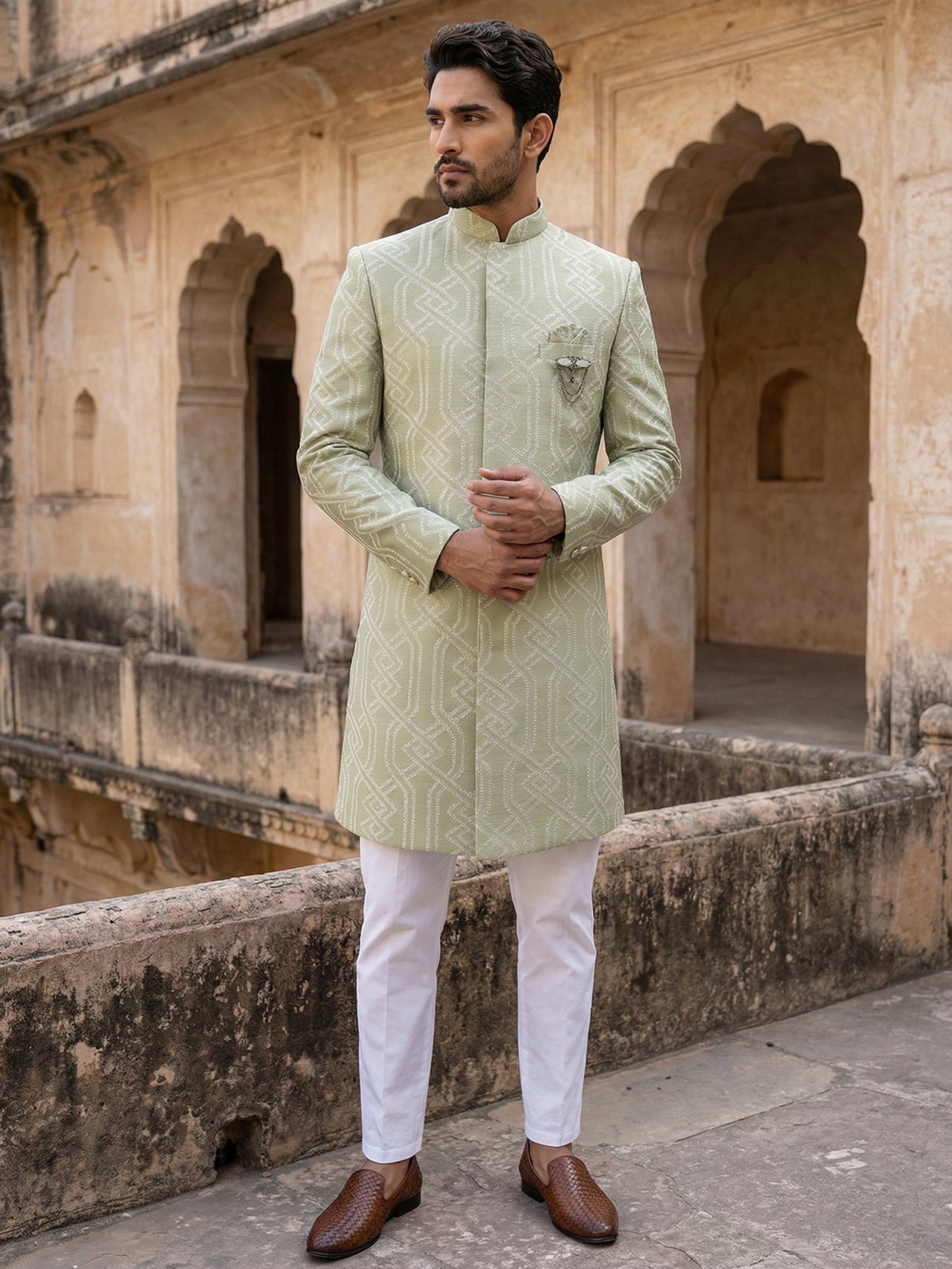 Jacquard Silk Sherwani Set ( 50JIND 135Pista S )