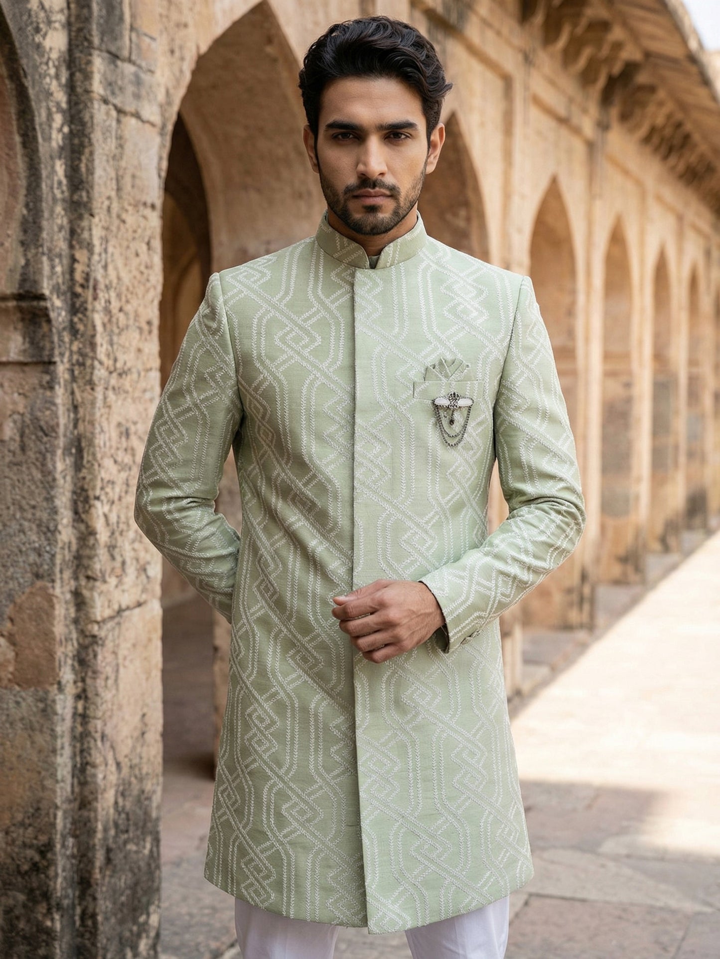 Jacquard Silk Sherwani Set ( 50JIND 135Pista S )