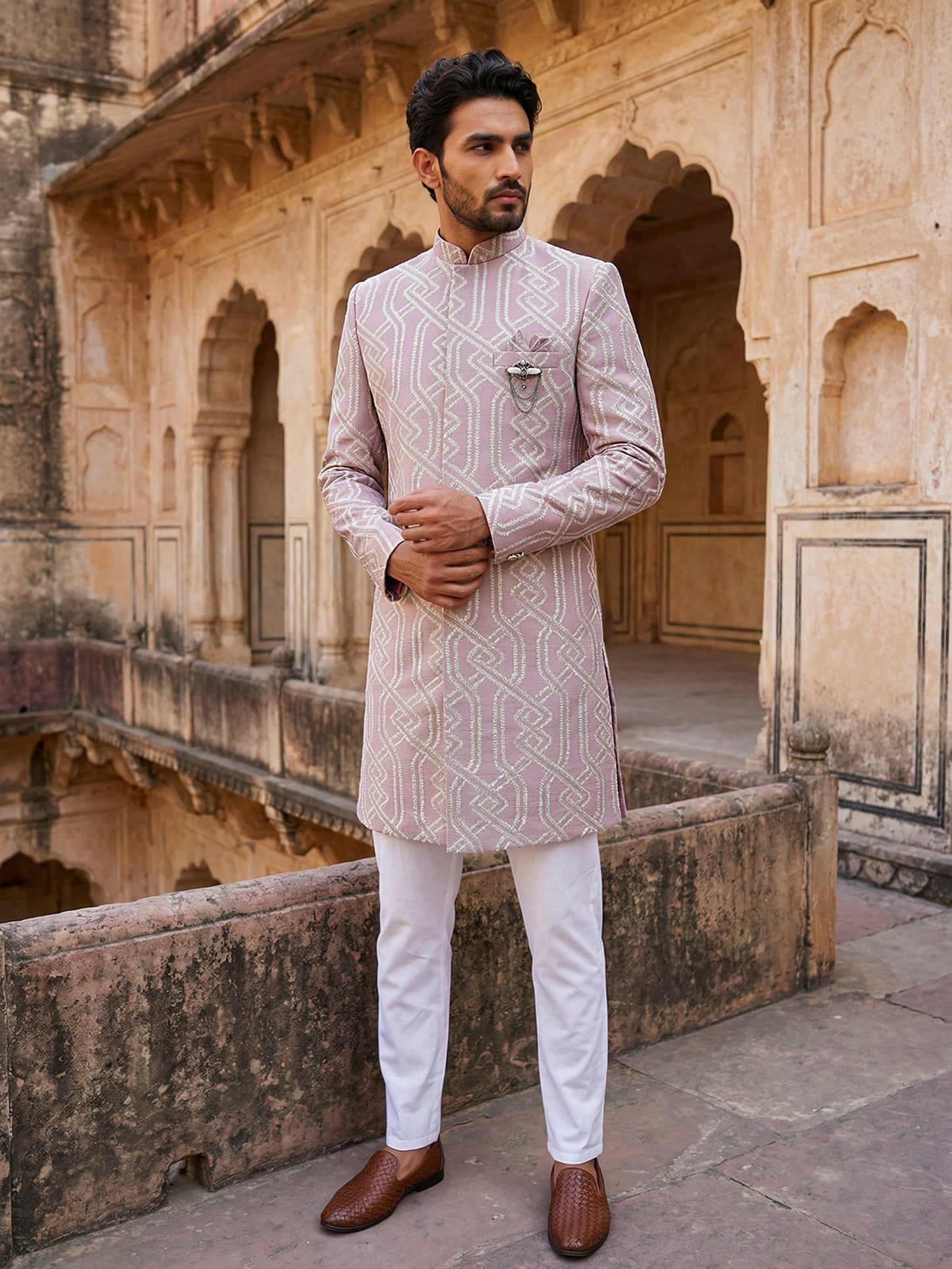 Jacquard Silk Sherwani Set ( 50JIND 135Purple S )