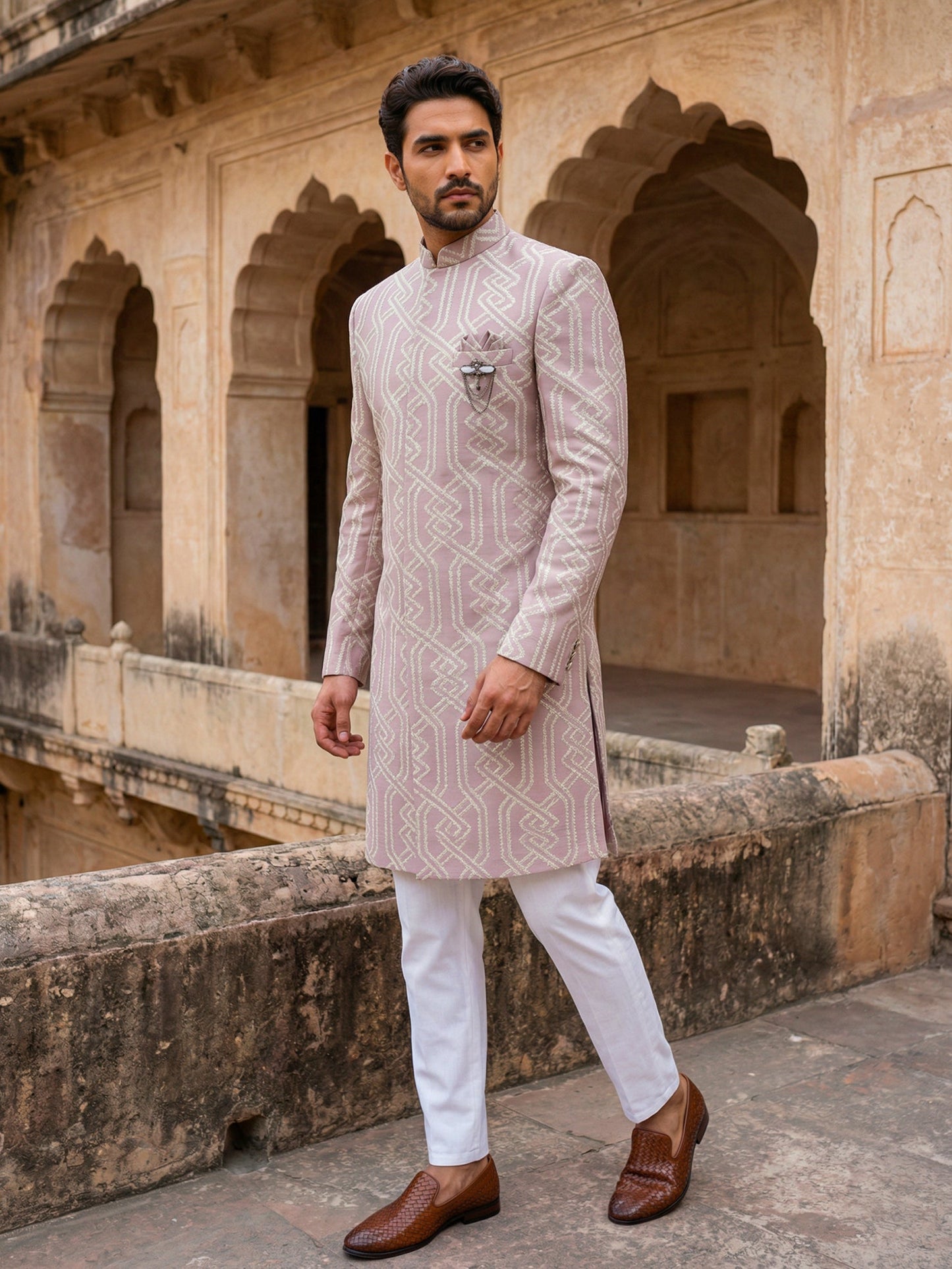 Jacquard Silk Sherwani Set ( 50JIND 135Purple S )