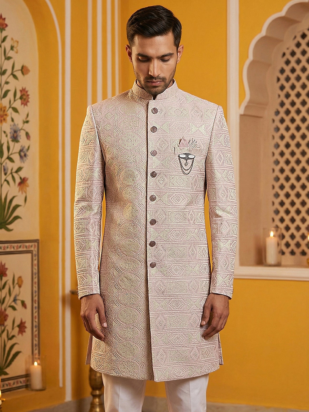 Silk Blend Embroidered Sherwani Set ( 50JIND 136Pink S )